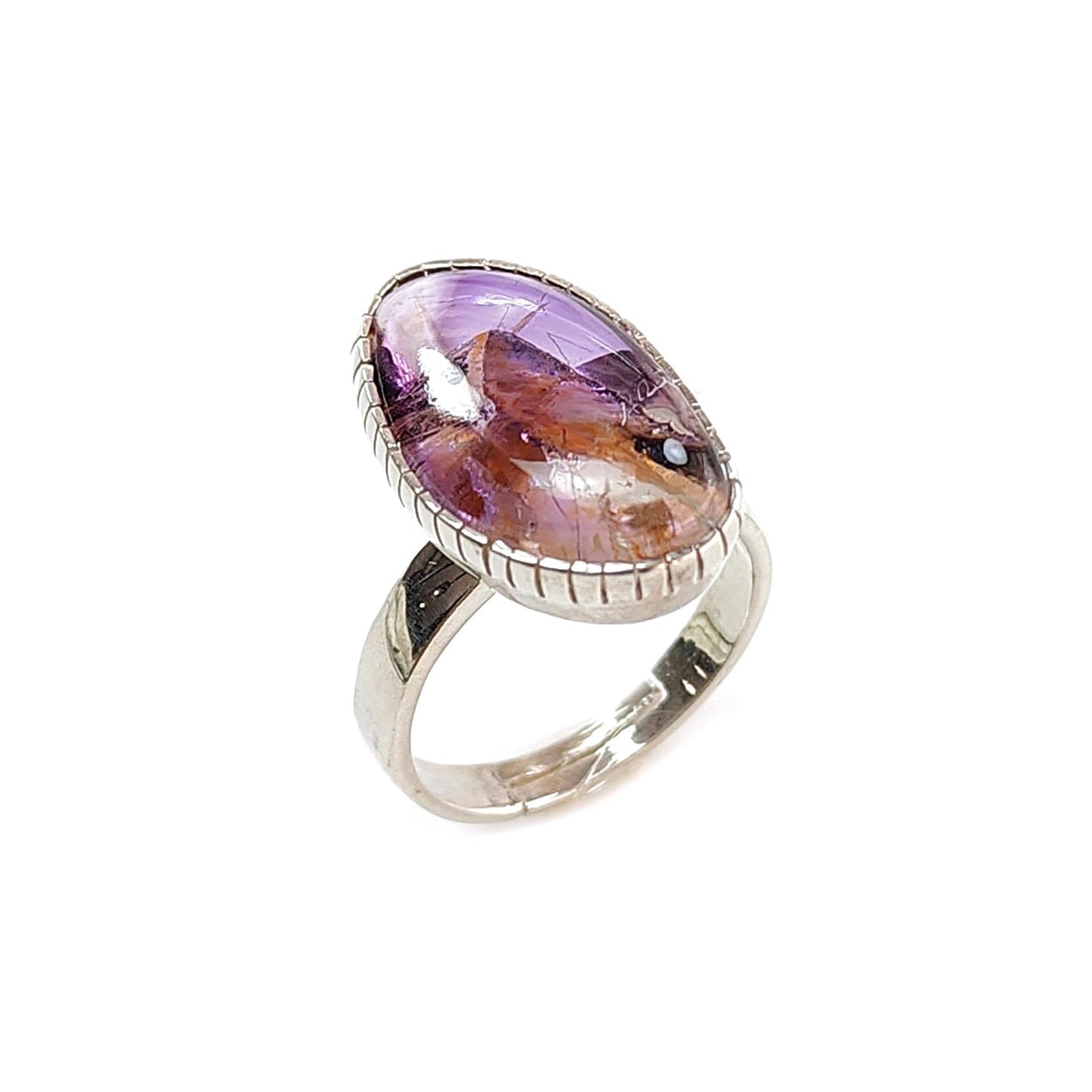 Amethyst Plain Silver Ring: 5.84gms Natural Untreated Super Seven Amethyst Fancy Shape Plain 925 Sterling Silver Bezel Set Adjustable Ring