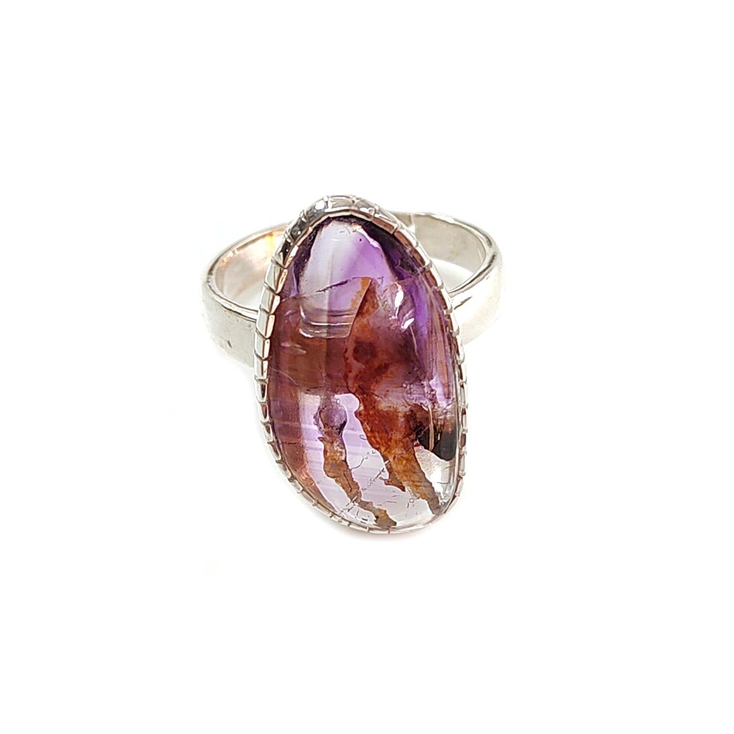 Amethyst Plain Silver Ring: 5.84gms Natural Untreated Super Seven Amethyst Fancy Shape Plain 925 Sterling Silver Bezel Set Adjustable Ring