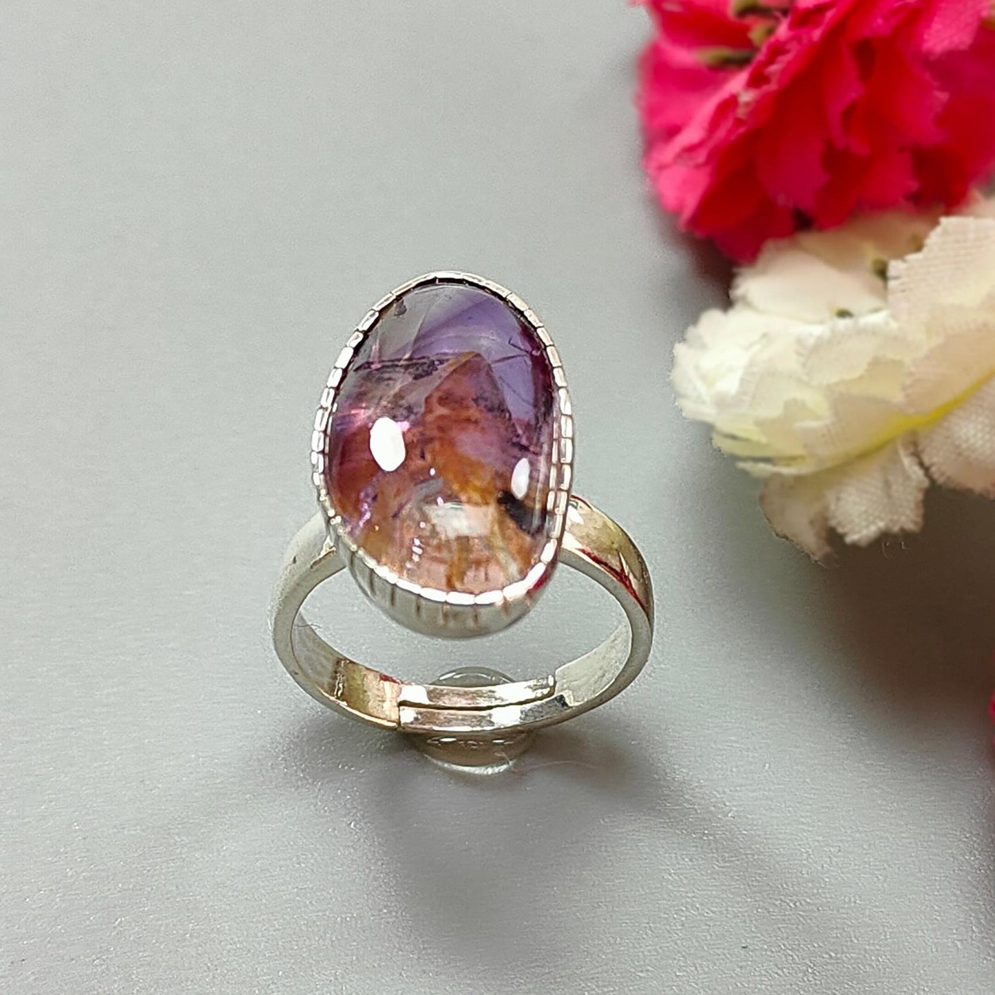 Amethyst Plain Silver Ring: 5.84gms Natural Untreated Super Seven Amethyst Fancy Shape Plain 925 Sterling Silver Bezel Set Adjustable Ring