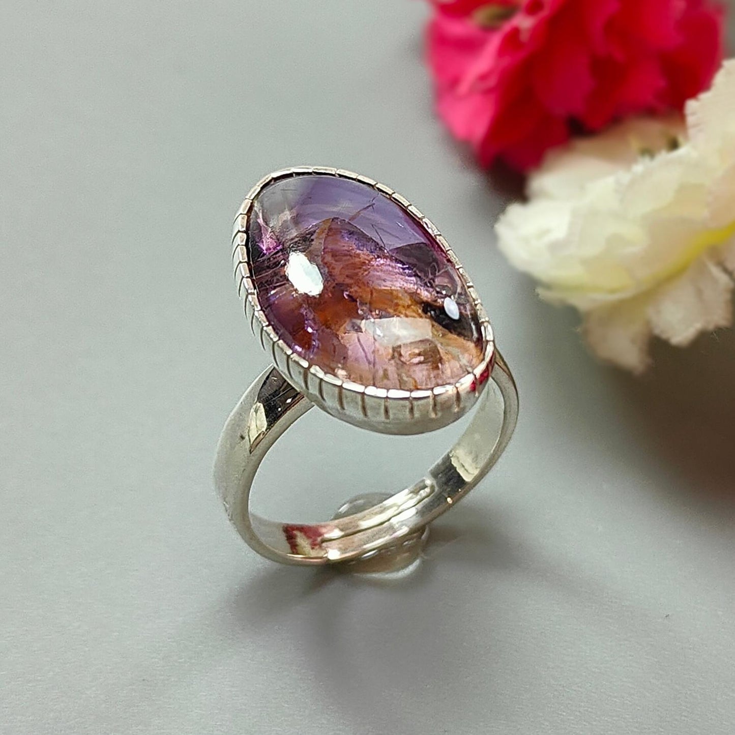 Amethyst Plain Silver Ring: 5.84gms Natural Untreated Super Seven Amethyst Fancy Shape Plain 925 Sterling Silver Bezel Set Adjustable Ring