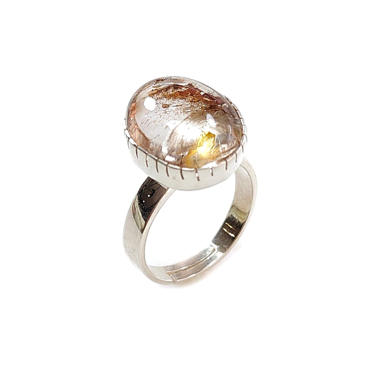 Amethyst Plain Silver Ring: 5.91gms Natural Untreated Super Seven Amethyst Fancy Shape Plain 925 Sterling Silver Bezel Set Adjustable Ring