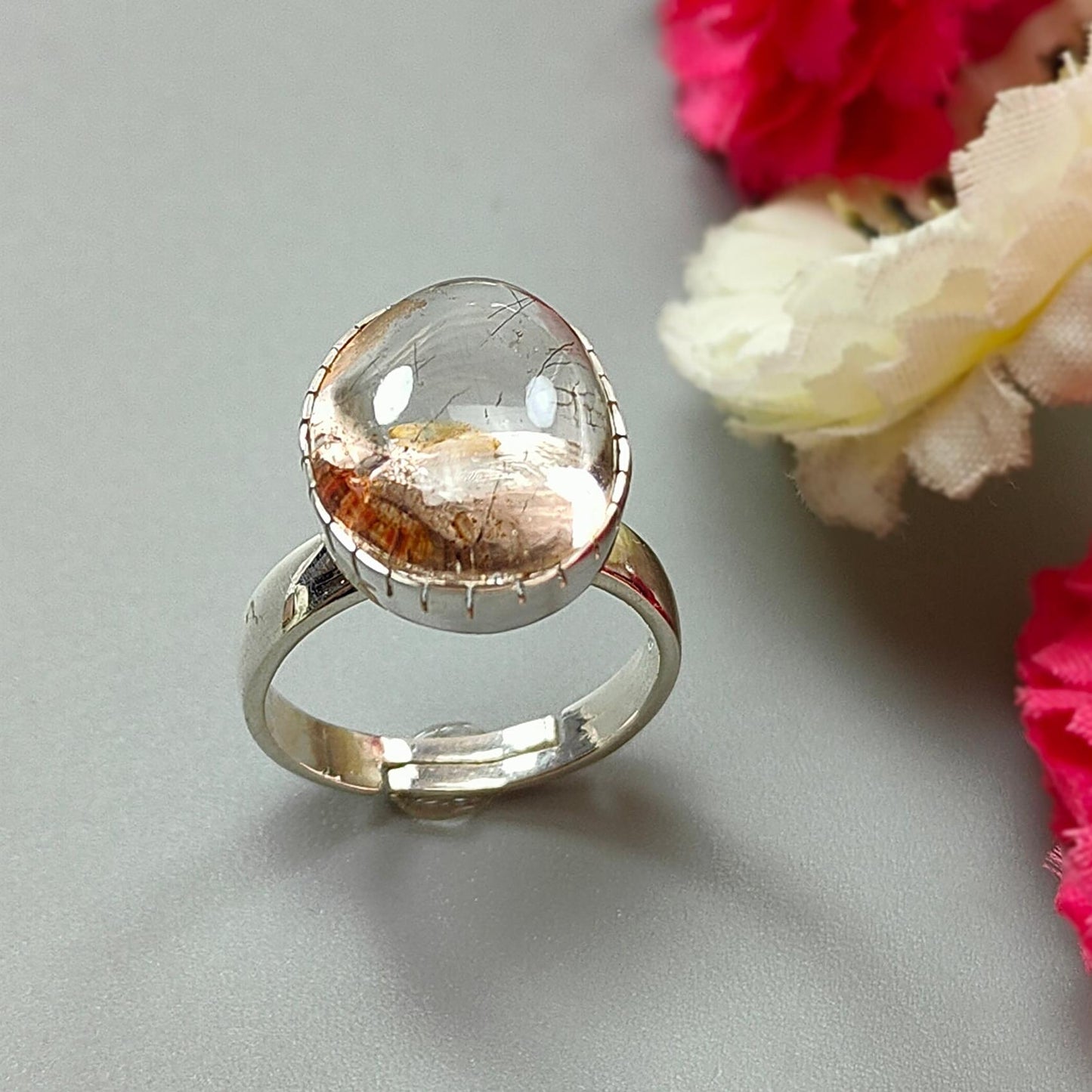 Amethyst Plain Silver Ring: 5.91gms Natural Untreated Super Seven Amethyst Fancy Shape Plain 925 Sterling Silver Bezel Set Adjustable Ring