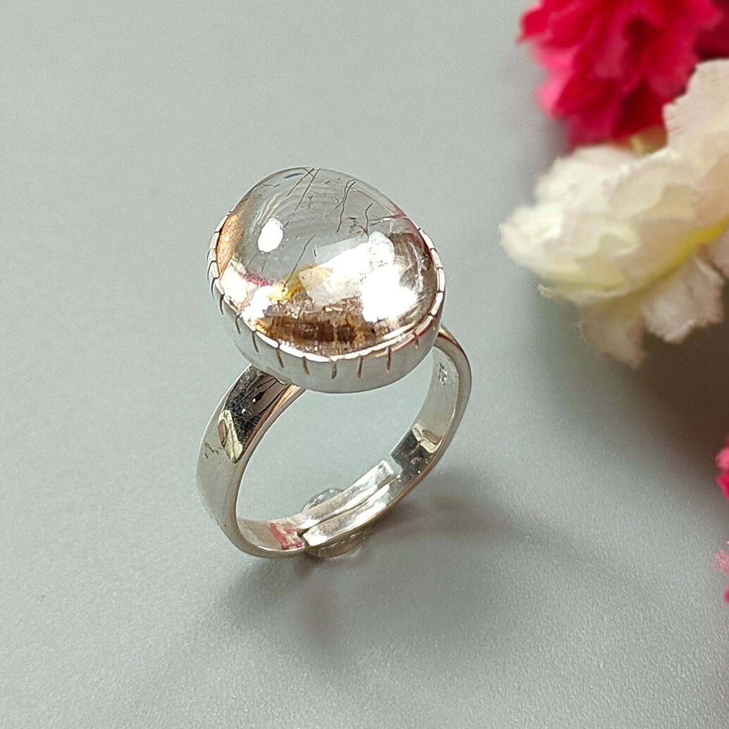 Amethyst Plain Silver Ring: 5.91gms Natural Untreated Super Seven Amethyst Fancy Shape Plain 925 Sterling Silver Bezel Set Adjustable Ring