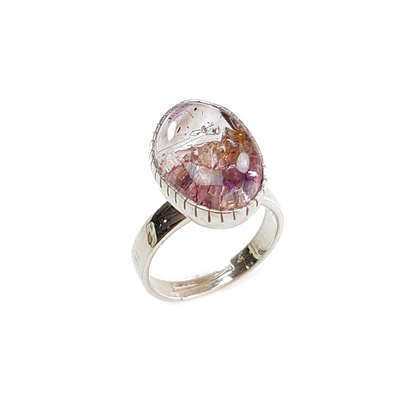Amethyst Plain Silver Ring: 5.91gms Natural Untreated Super Seven Amethyst Fancy Shape Plain 925 Sterling Silver Bezel Set Adjustable Ring