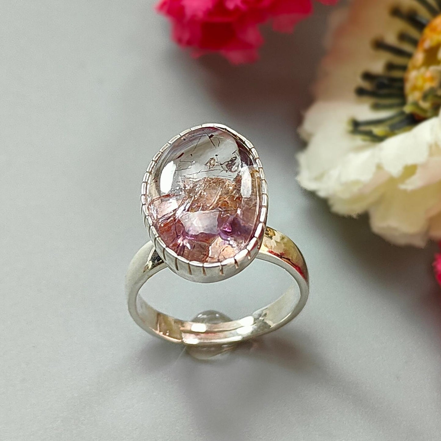 Amethyst Plain Silver Ring: 5.91gms Natural Untreated Super Seven Amethyst Fancy Shape Plain 925 Sterling Silver Bezel Set Adjustable Ring