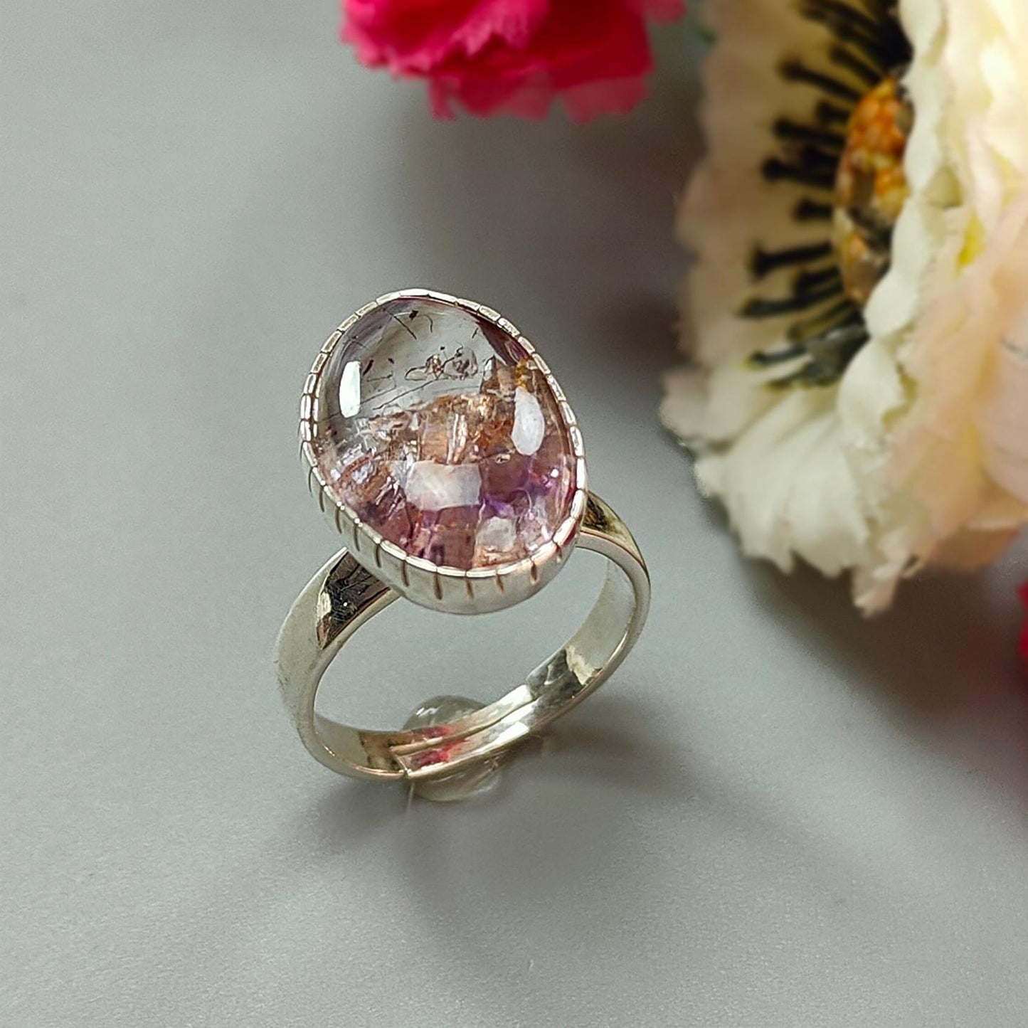 Amethyst Plain Silver Ring: 5.91gms Natural Untreated Super Seven Amethyst Fancy Shape Plain 925 Sterling Silver Bezel Set Adjustable Ring