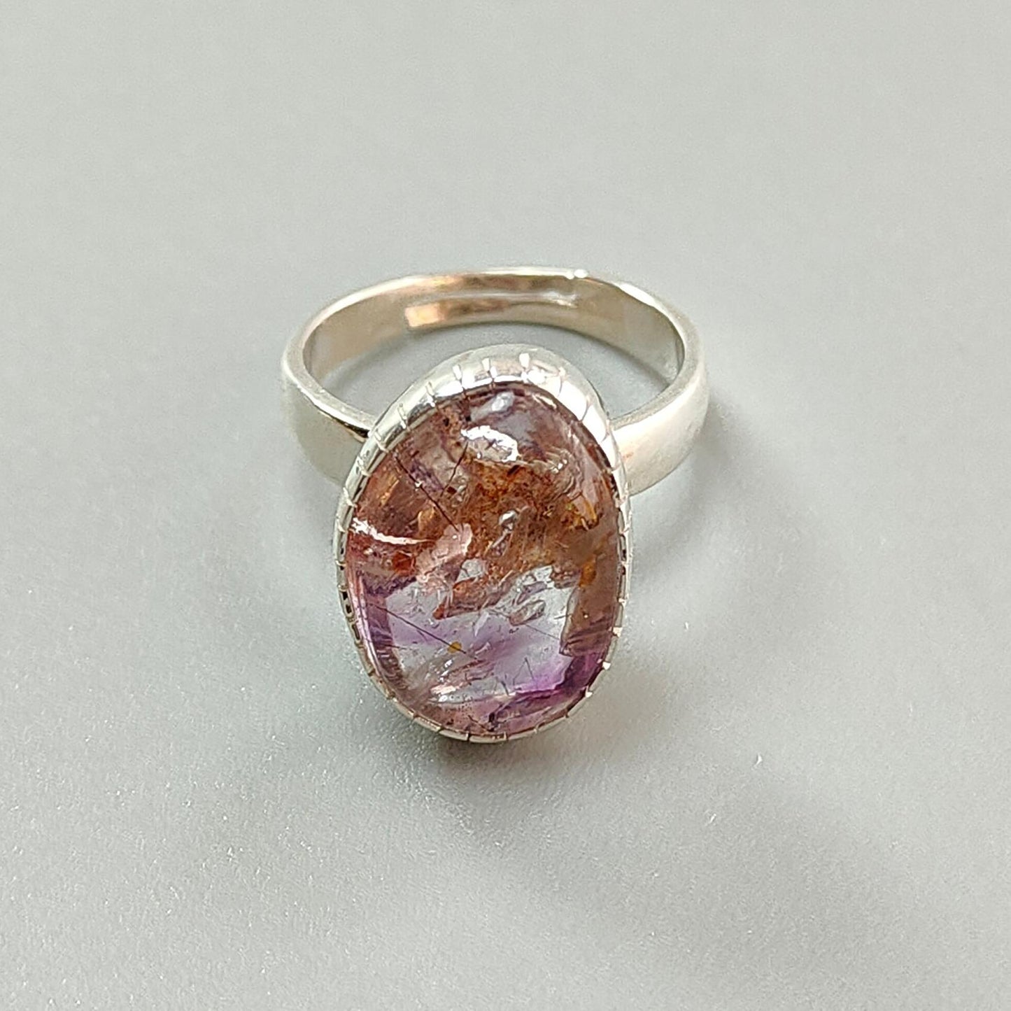 Amethyst Plain Silver Ring: 5.91gms Natural Untreated Super Seven Amethyst Fancy Shape Plain 925 Sterling Silver Bezel Set Adjustable Ring