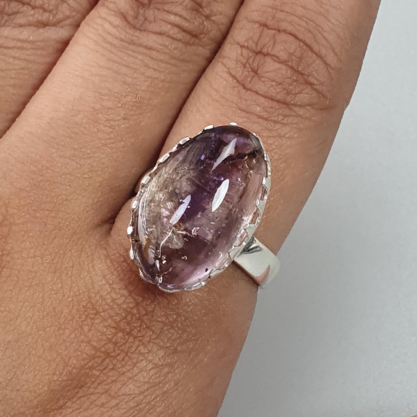 Amethyst Plain Silver Ring: 6.33gms Natural Untreated Super Seven Amethyst Fancy Shape Plain 925 Sterling Silver Bezel Set Adjustable Ring