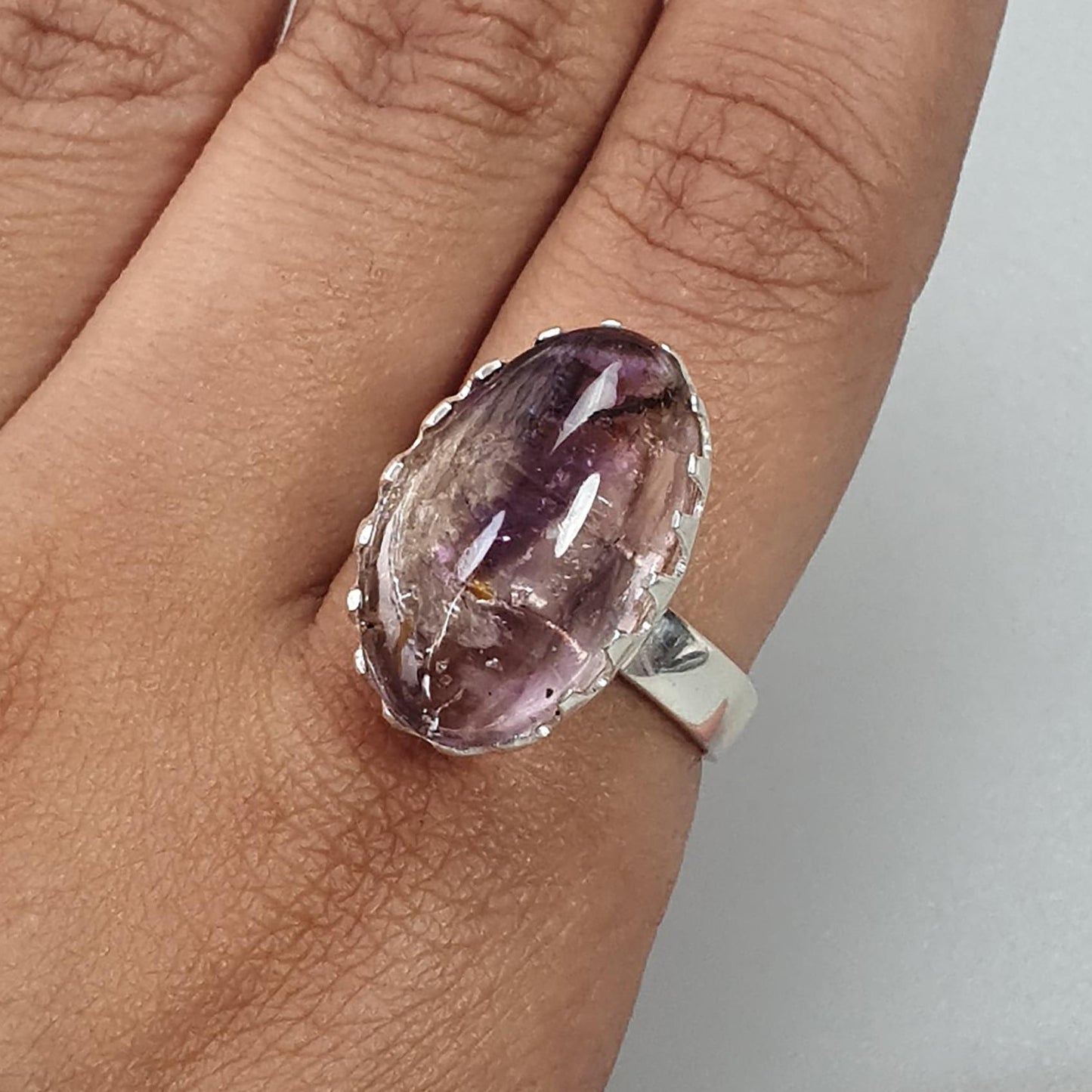 Amethyst Plain Silver Ring: 6.33gms Natural Untreated Super Seven Amethyst Fancy Shape Plain 925 Sterling Silver Bezel Set Adjustable Ring