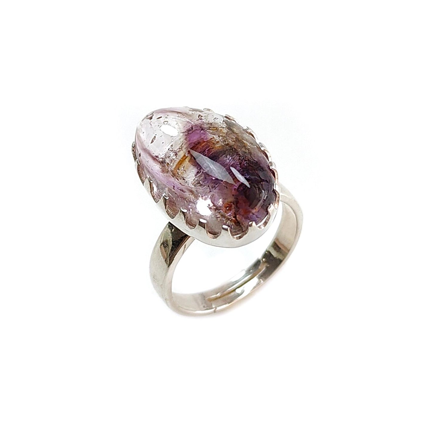 Amethyst Plain Silver Ring: 6.33gms Natural Untreated Super Seven Amethyst Fancy Shape Plain 925 Sterling Silver Bezel Set Adjustable Ring