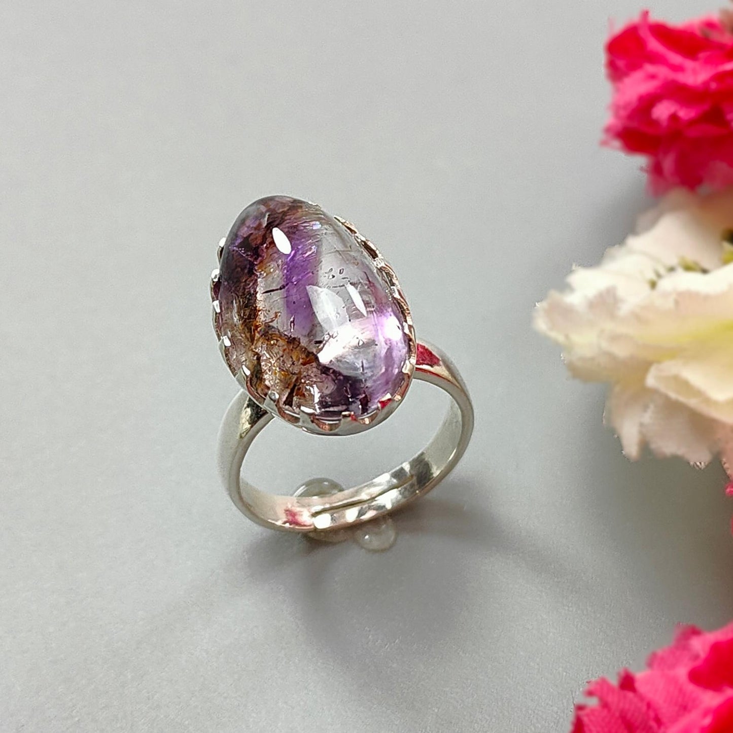Amethyst Plain Silver Ring: 6.33gms Natural Untreated Super Seven Amethyst Fancy Shape Plain 925 Sterling Silver Bezel Set Adjustable Ring