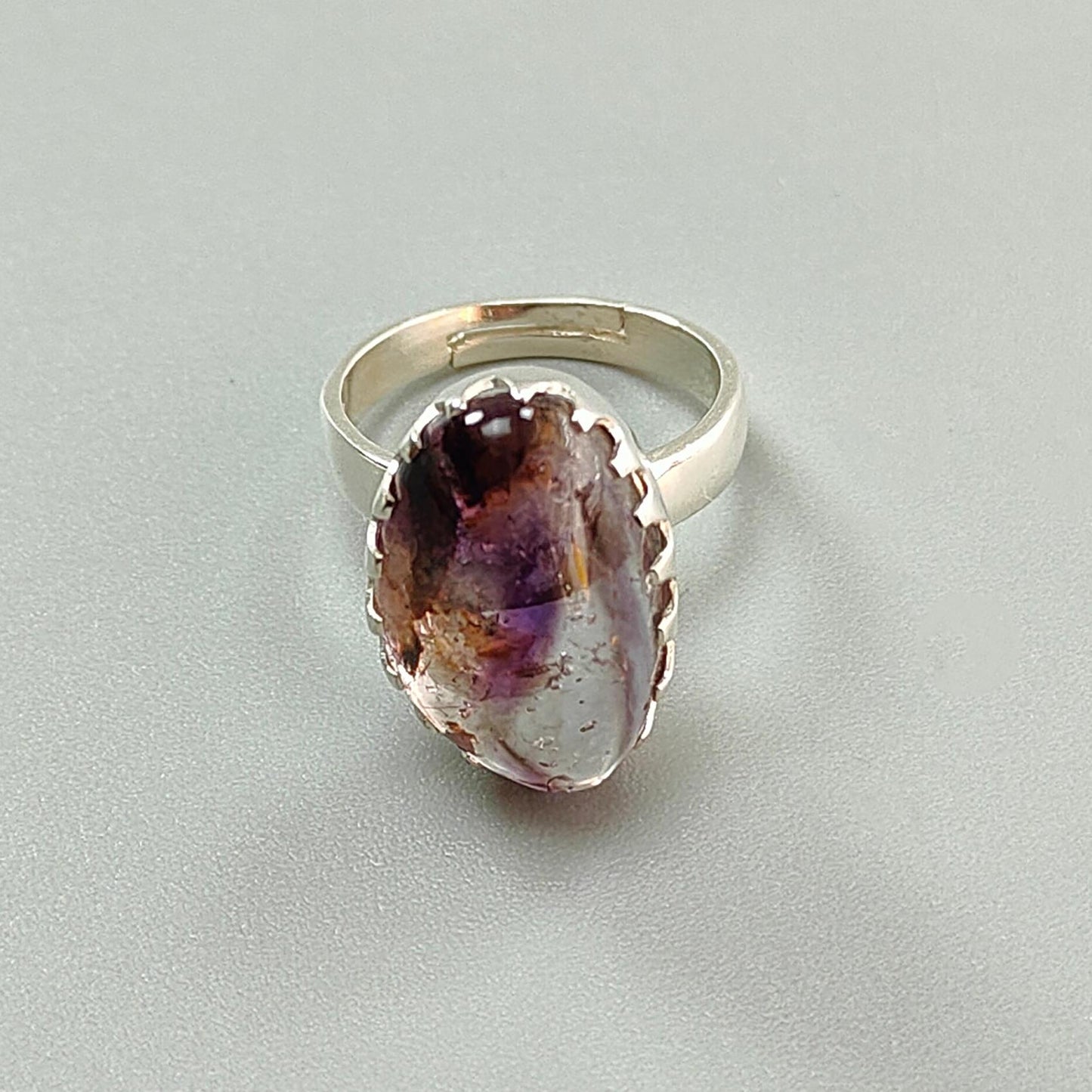 Amethyst Plain Silver Ring: 6.33gms Natural Untreated Super Seven Amethyst Fancy Shape Plain 925 Sterling Silver Bezel Set Adjustable Ring