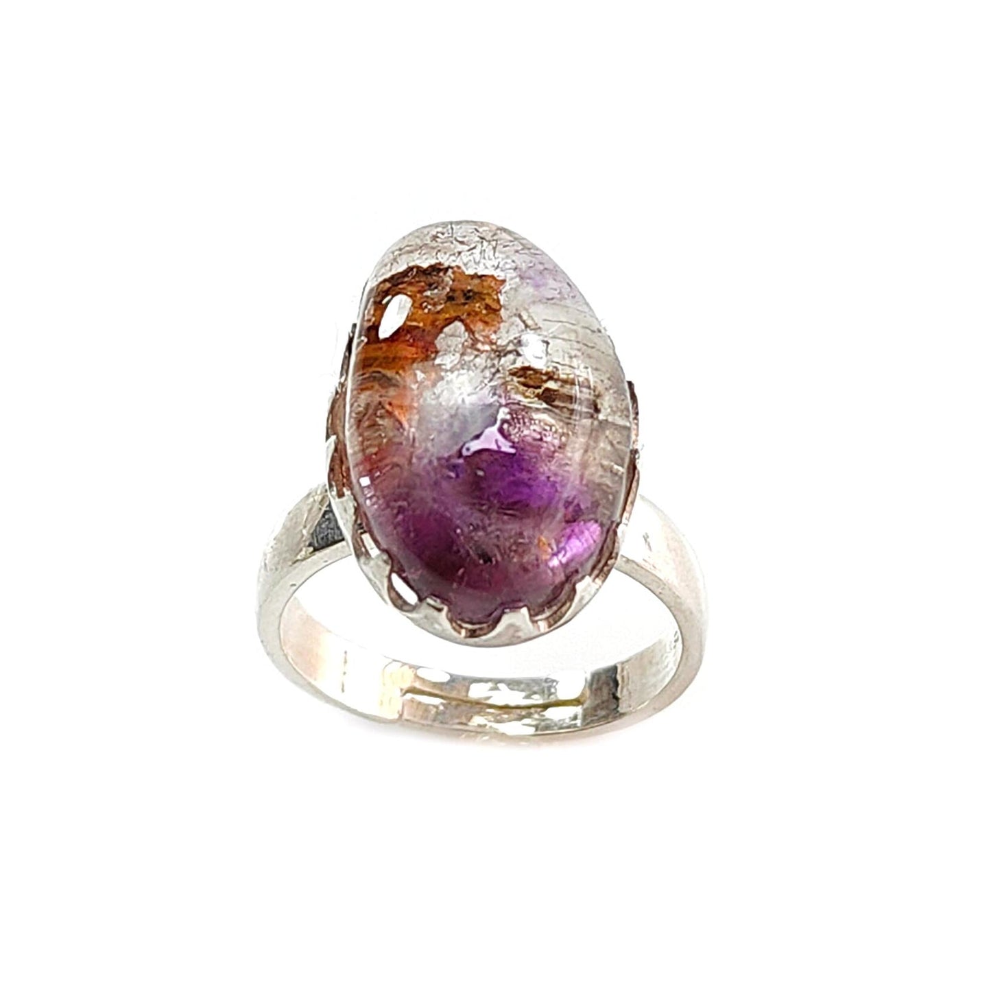 Amethyst Plain Silver Ring: 6.37gms Natural Untreated Super Seven Amethyst Fancy Shape Plain 925 Sterling Silver Bezel Set Adjustable Ring