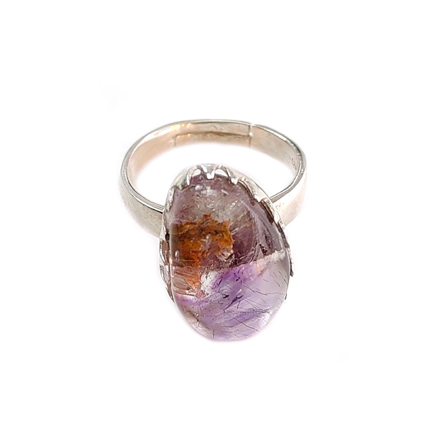 Amethyst Plain Silver Ring: 6.37gms Natural Untreated Super Seven Amethyst Fancy Shape Plain 925 Sterling Silver Bezel Set Adjustable Ring