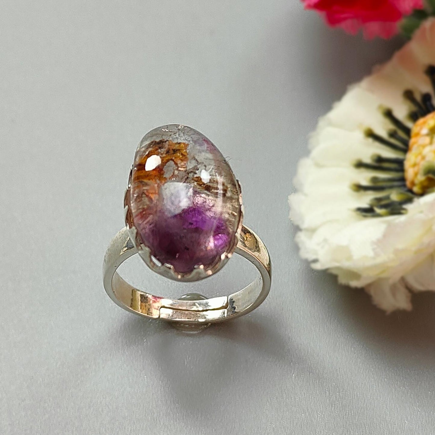 Amethyst Plain Silver Ring: 6.37gms Natural Untreated Super Seven Amethyst Fancy Shape Plain 925 Sterling Silver Bezel Set Adjustable Ring
