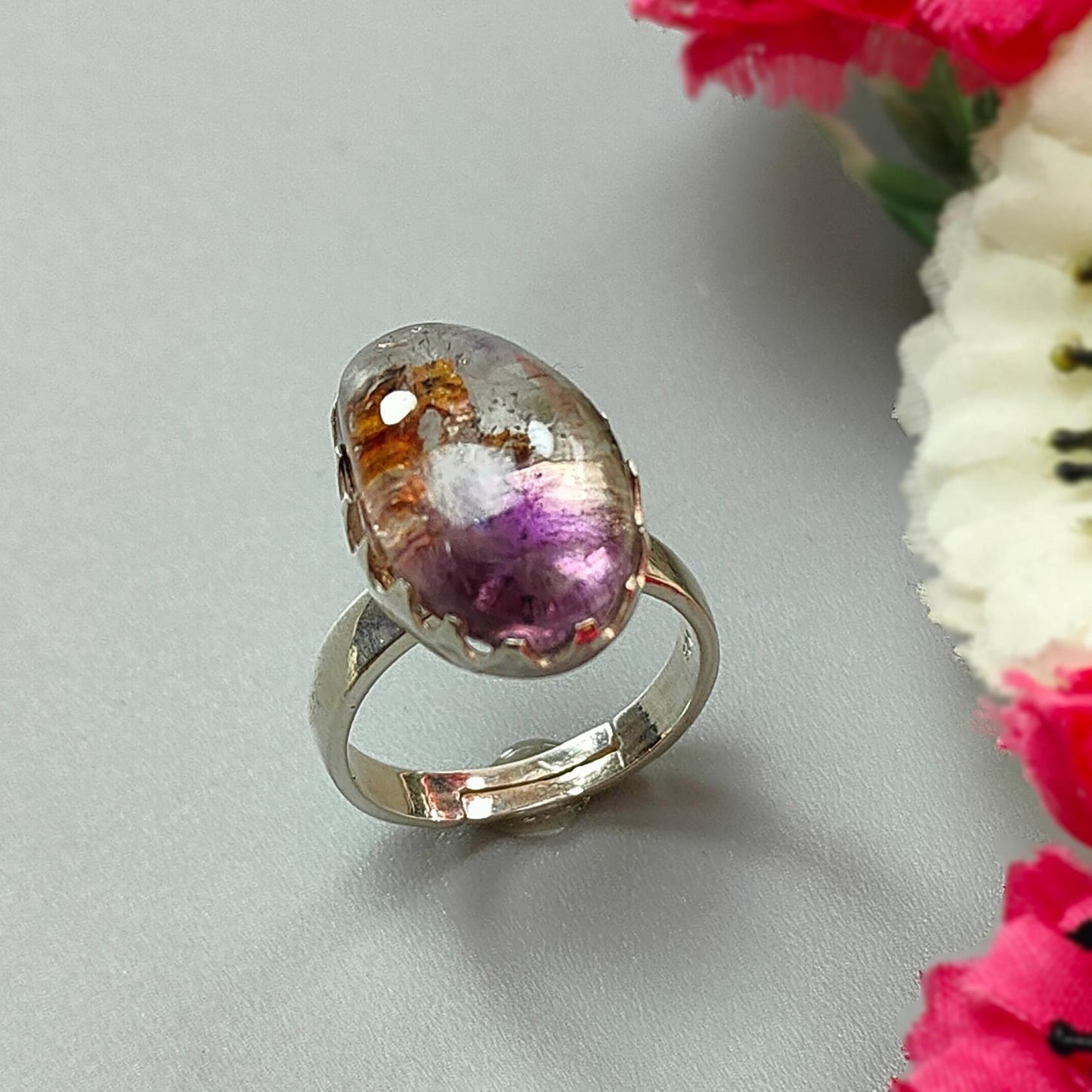 Amethyst Plain Silver Ring: 6.37gms Natural Untreated Super Seven Amethyst Fancy Shape Plain 925 Sterling Silver Bezel Set Adjustable Ring