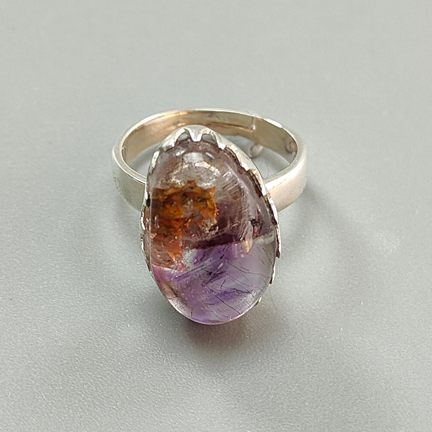 Amethyst Plain Silver Ring: 6.37gms Natural Untreated Super Seven Amethyst Fancy Shape Plain 925 Sterling Silver Bezel Set Adjustable Ring