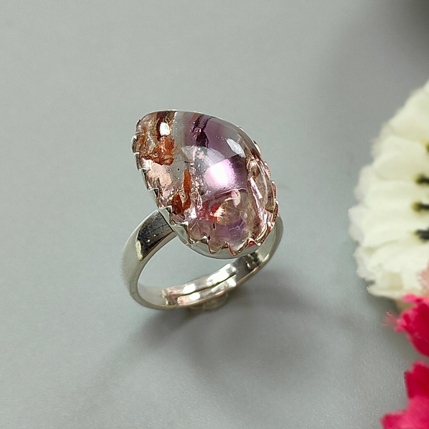 Amethyst Plain Silver Ring: 6.38gms Natural Untreated Super Seven Amethyst Fancy Shape Plain 925 Sterling Silver Bezel Set Adjustable Ring