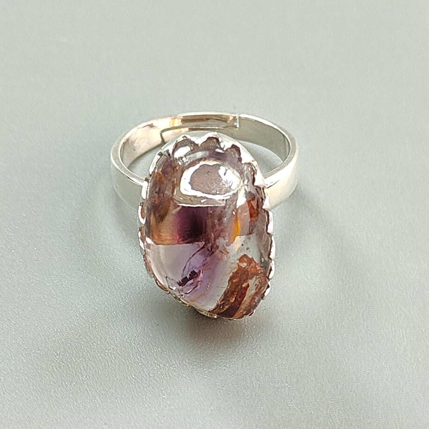 Amethyst Plain Silver Ring: 6.38gms Natural Untreated Super Seven Amethyst Fancy Shape Plain 925 Sterling Silver Bezel Set Adjustable Ring