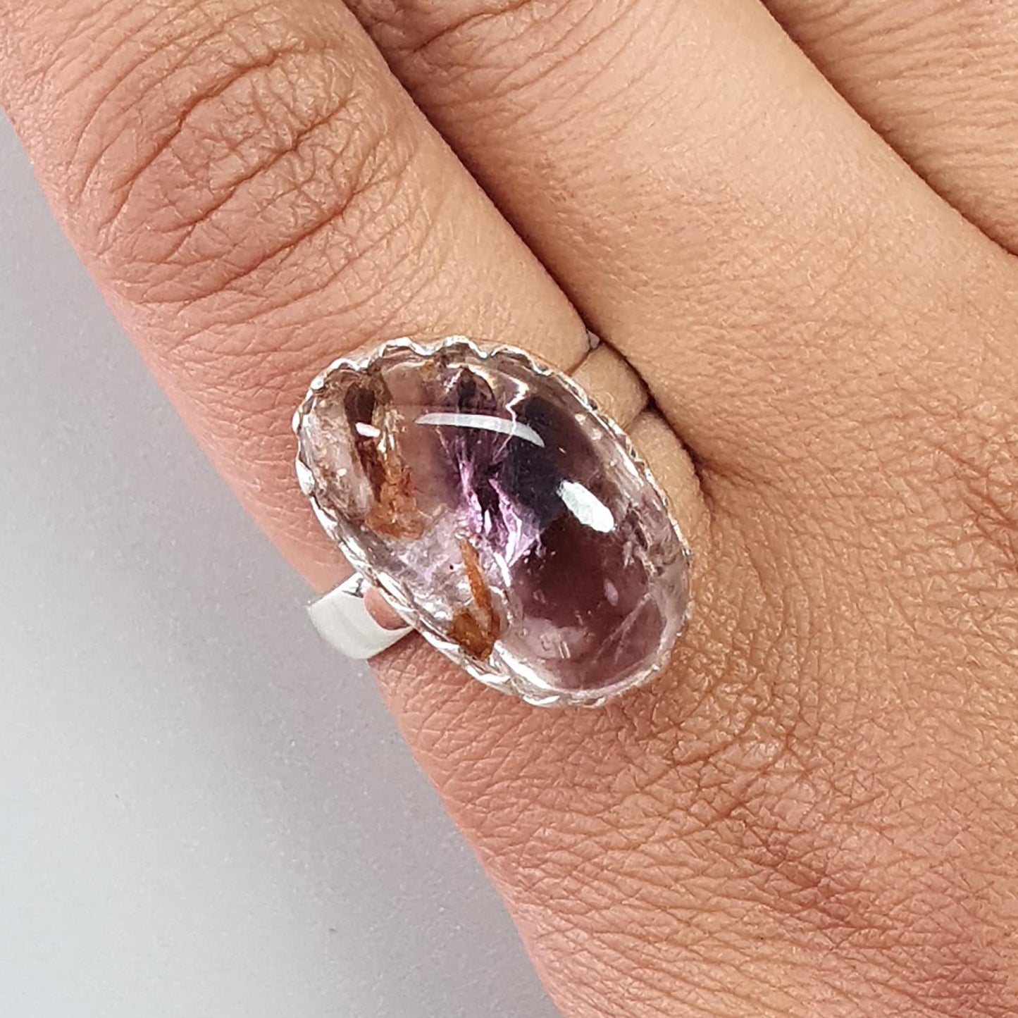 Amethyst Plain Silver Ring: 6.38gms Natural Untreated Super Seven Amethyst Fancy Shape Plain 925 Sterling Silver Bezel Set Adjustable Ring