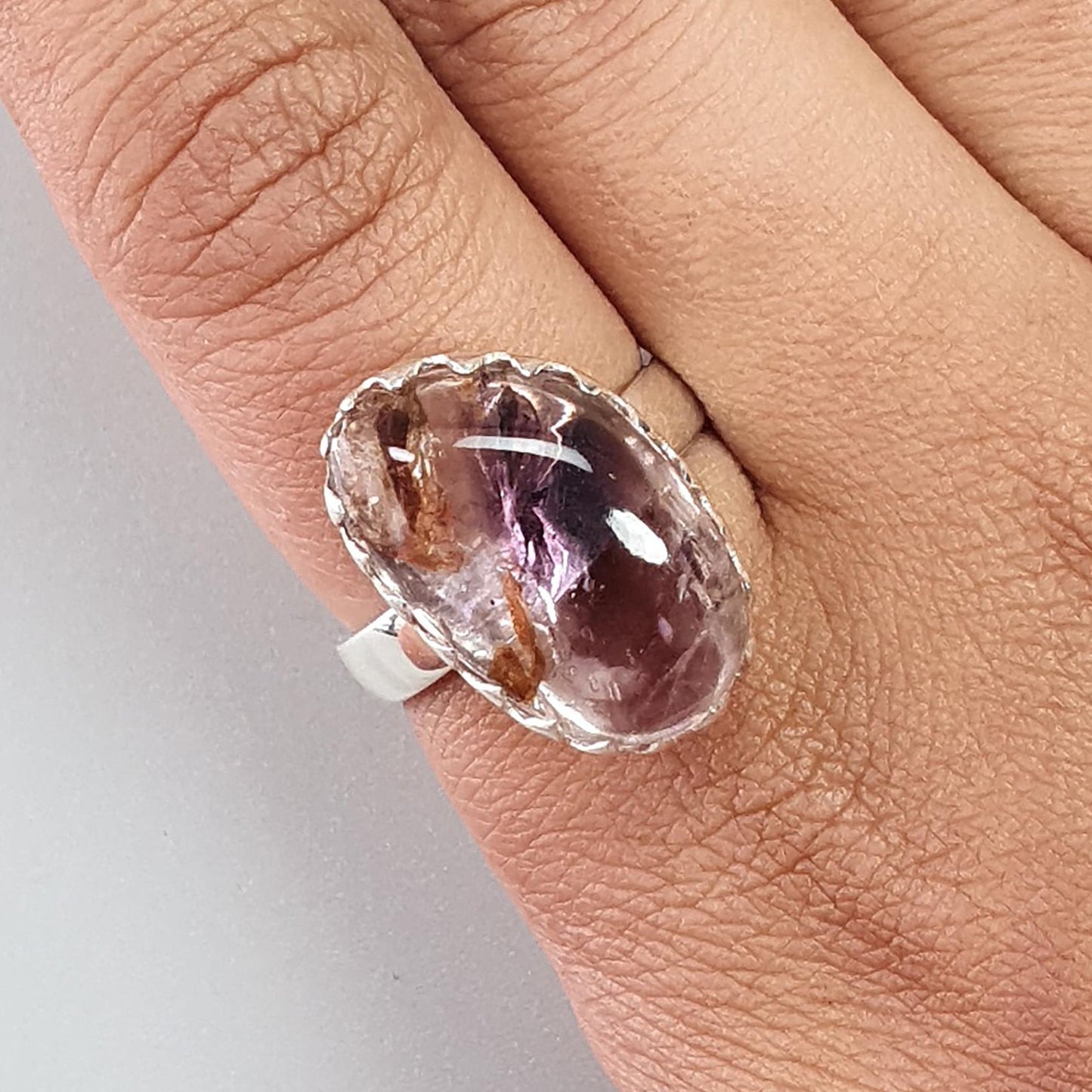 Amethyst Plain Silver Ring: 6.38gms Natural Untreated Super Seven Amethyst Fancy Shape Plain 925 Sterling Silver Bezel Set Adjustable Ring
