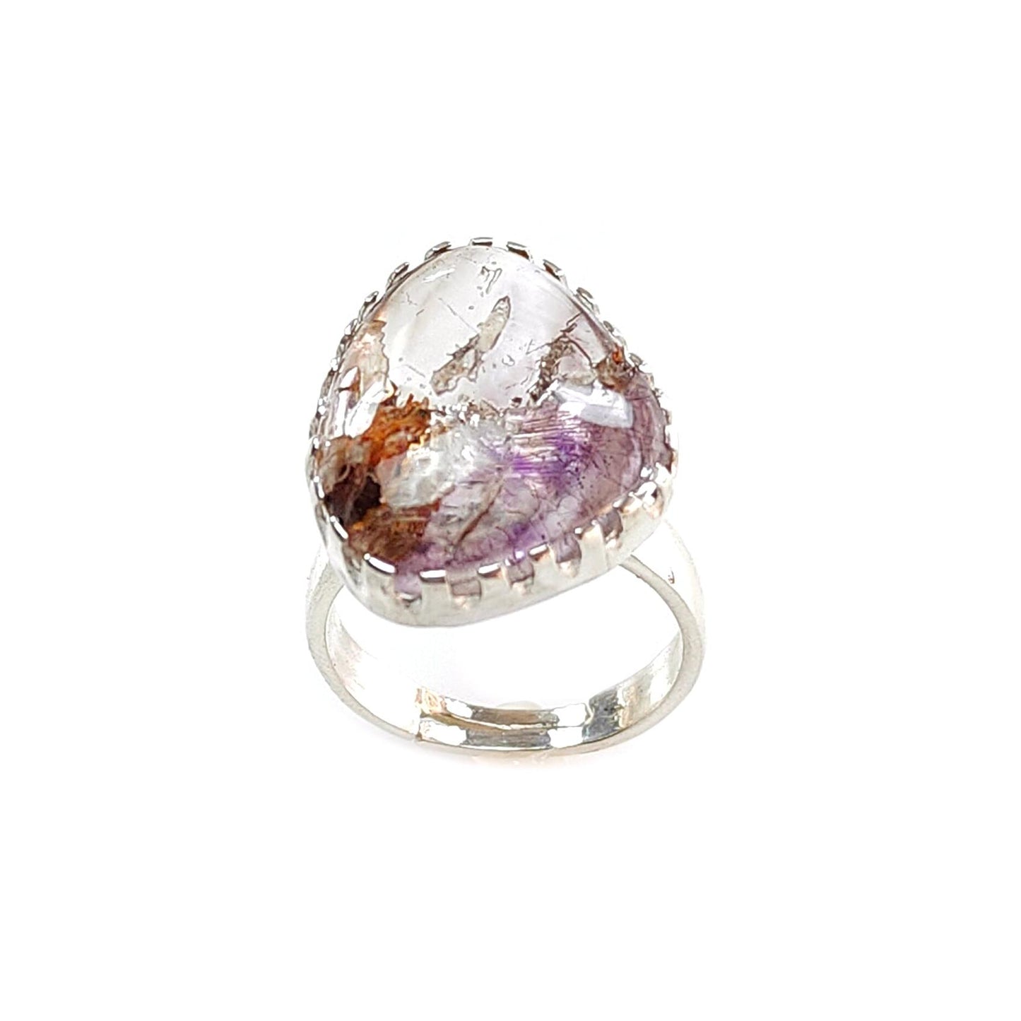 Amethyst Plain Silver Ring: 6.77gms Natural Untreated Super Seven Amethyst Fancy Shape Plain 925 Sterling Silver Bezel Set Adjustable Ring
