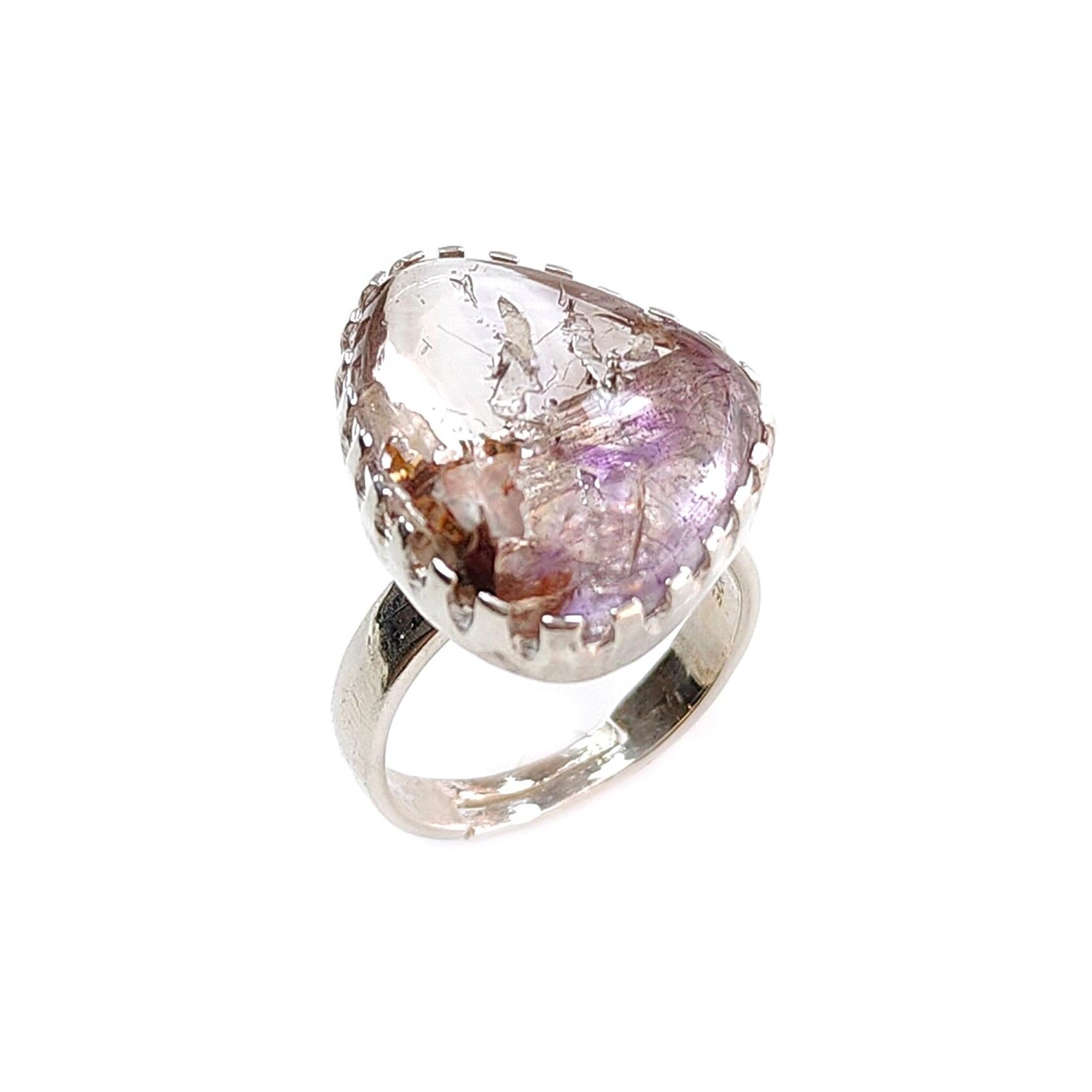 Amethyst Plain Silver Ring: 6.77gms Natural Untreated Super Seven Amethyst Fancy Shape Plain 925 Sterling Silver Bezel Set Adjustable Ring