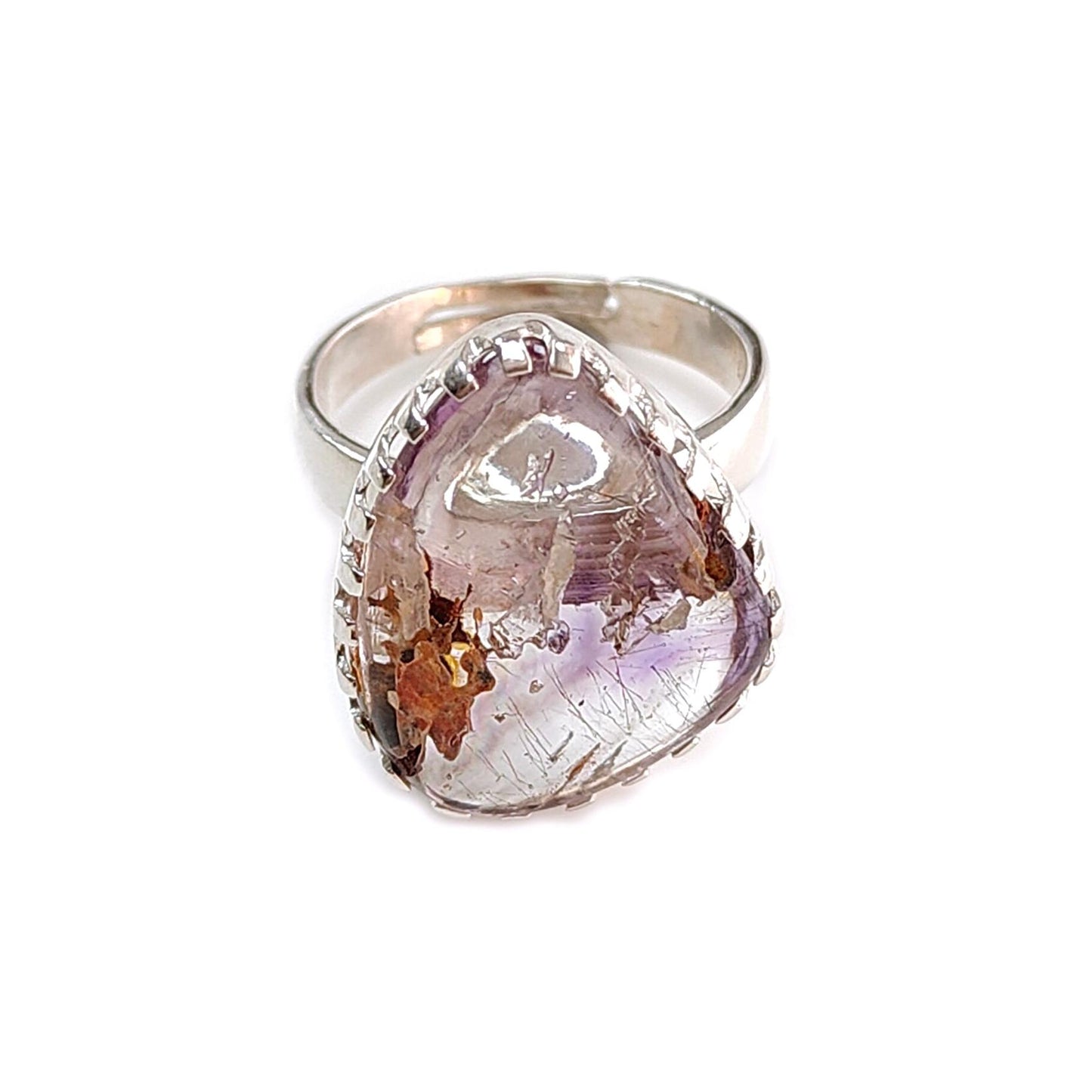 Amethyst Plain Silver Ring: 6.77gms Natural Untreated Super Seven Amethyst Fancy Shape Plain 925 Sterling Silver Bezel Set Adjustable Ring