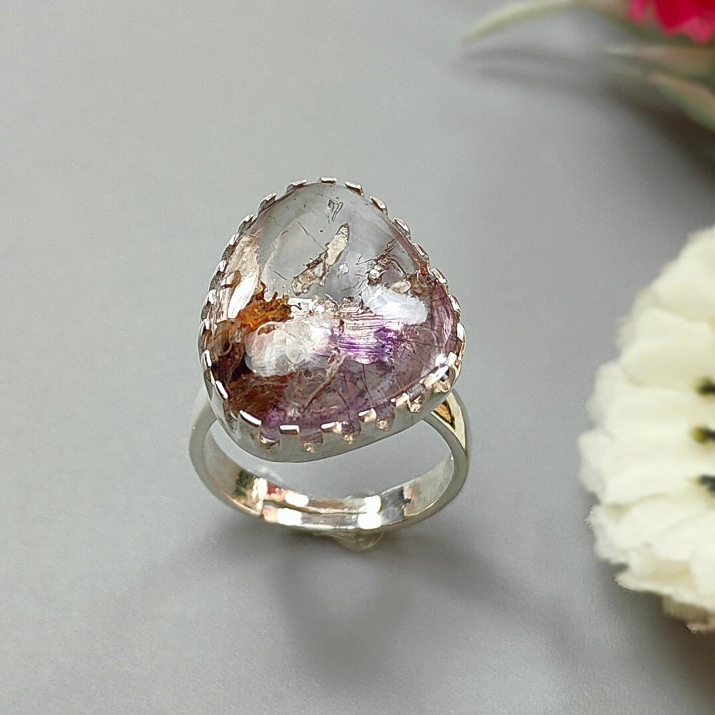 Amethyst Plain Silver Ring: 6.77gms Natural Untreated Super Seven Amethyst Fancy Shape Plain 925 Sterling Silver Bezel Set Adjustable Ring