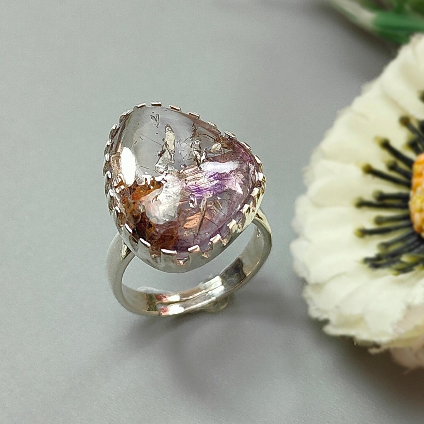 Amethyst Plain Silver Ring: 6.77gms Natural Untreated Super Seven Amethyst Fancy Shape Plain 925 Sterling Silver Bezel Set Adjustable Ring