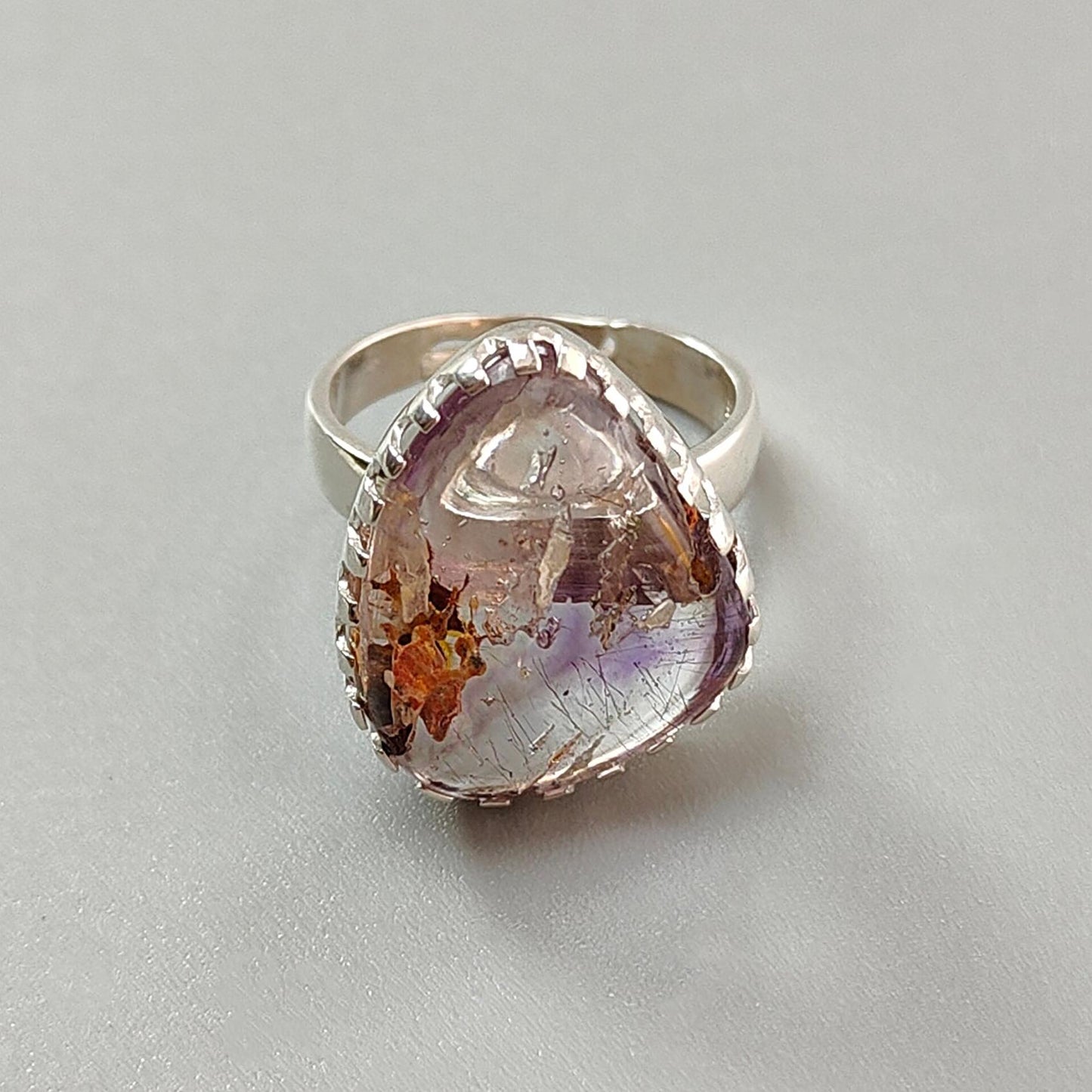 Amethyst Plain Silver Ring: 6.77gms Natural Untreated Super Seven Amethyst Fancy Shape Plain 925 Sterling Silver Bezel Set Adjustable Ring