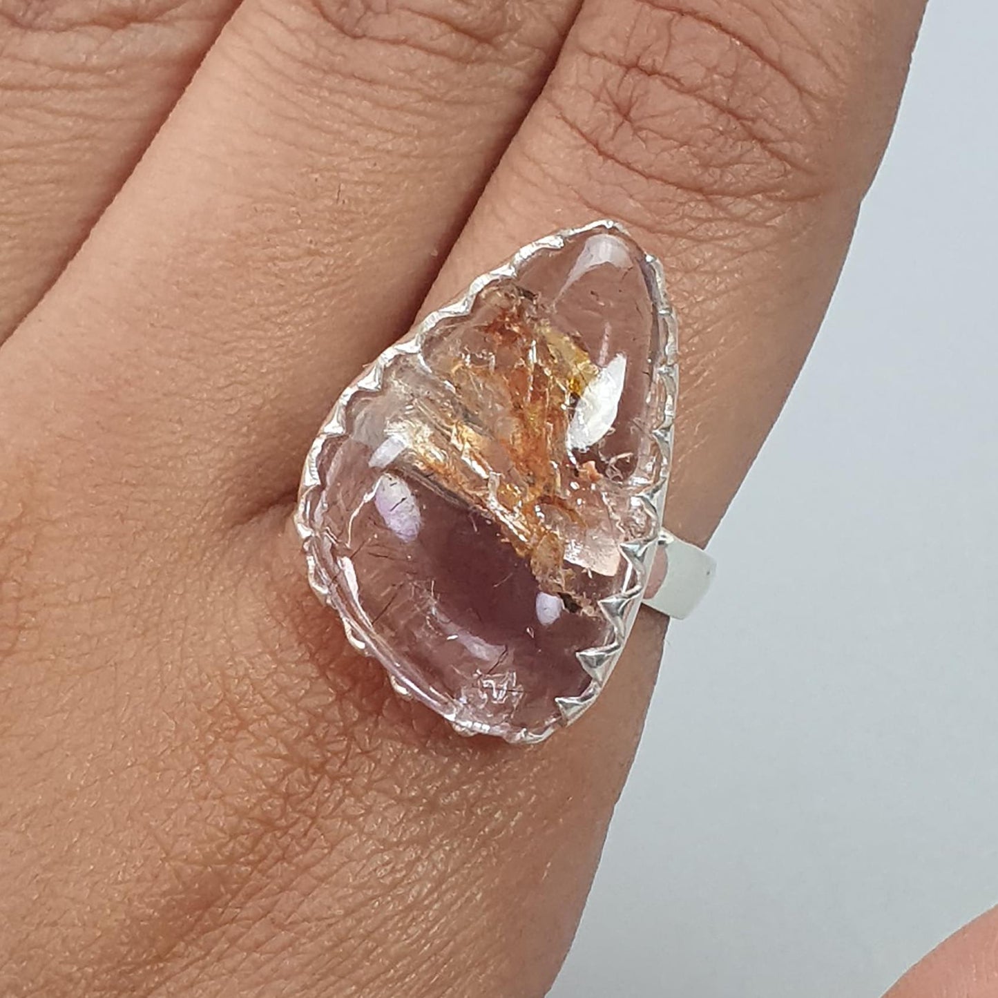 Amethyst Plain Silver Ring: 6.87gms Natural Untreated Super Seven Amethyst Fancy Shape Plain 925 Sterling Silver Bezel Set Adjustable Ring