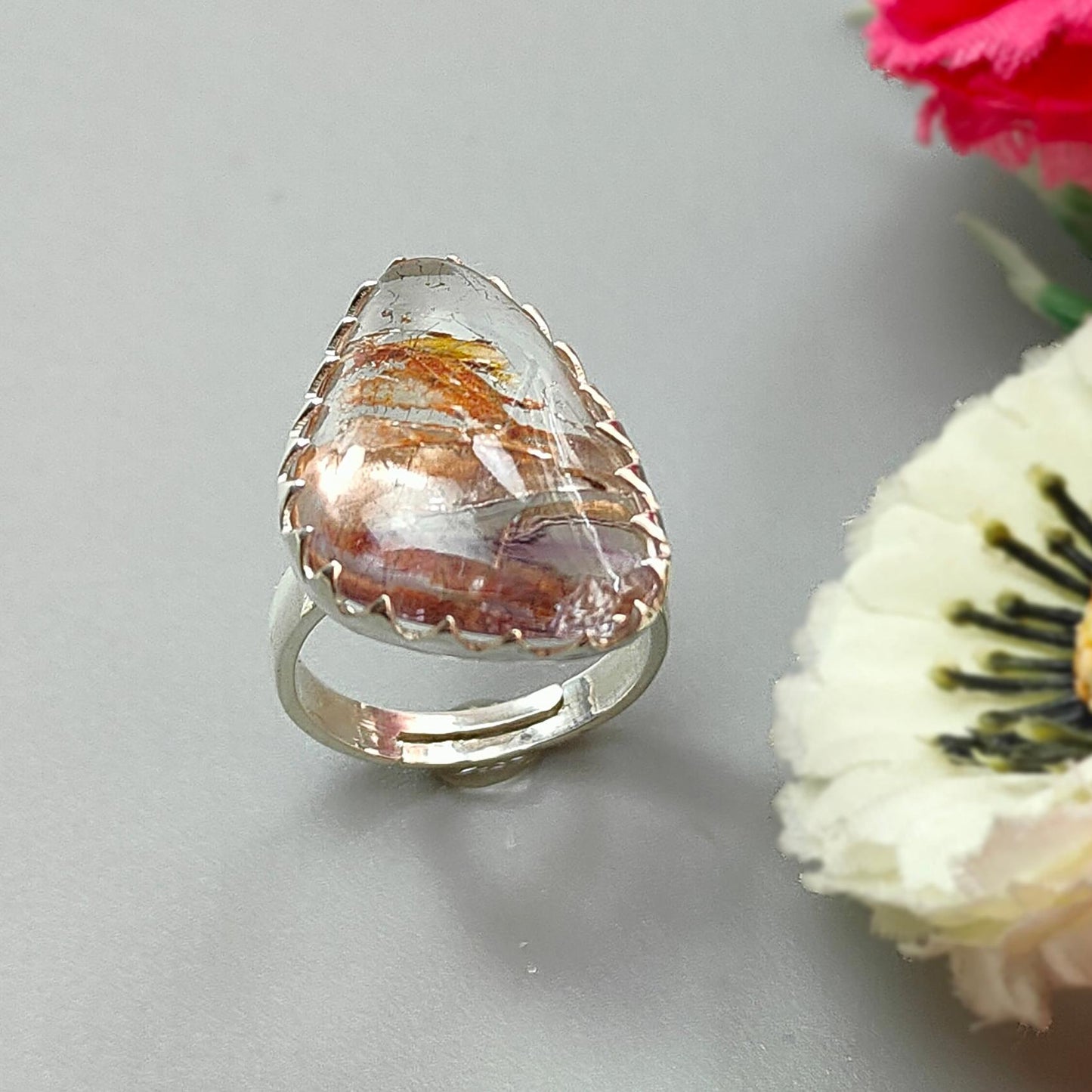 Amethyst Plain Silver Ring: 6.87gms Natural Untreated Super Seven Amethyst Fancy Shape Plain 925 Sterling Silver Bezel Set Adjustable Ring