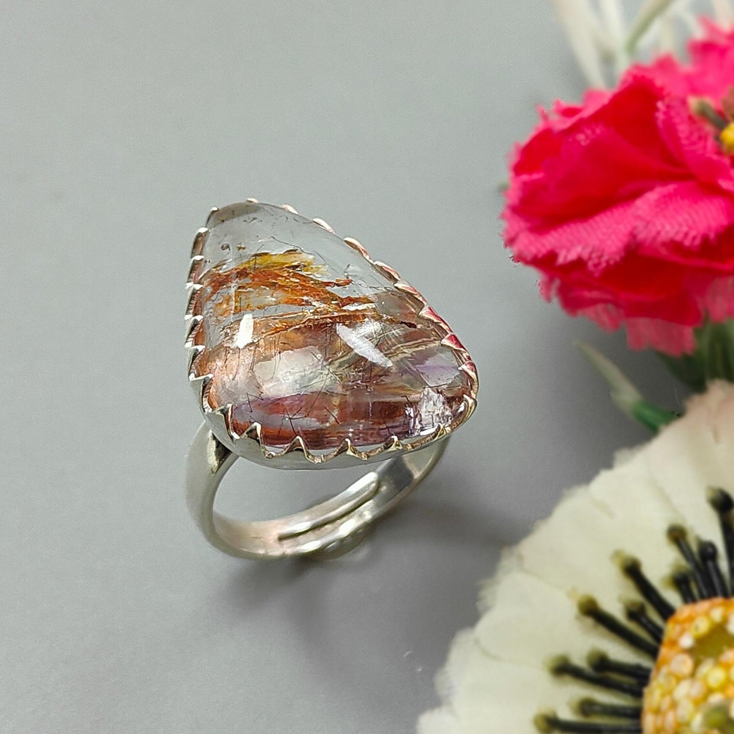 Amethyst Plain Silver Ring: 6.87gms Natural Untreated Super Seven Amethyst Fancy Shape Plain 925 Sterling Silver Bezel Set Adjustable Ring