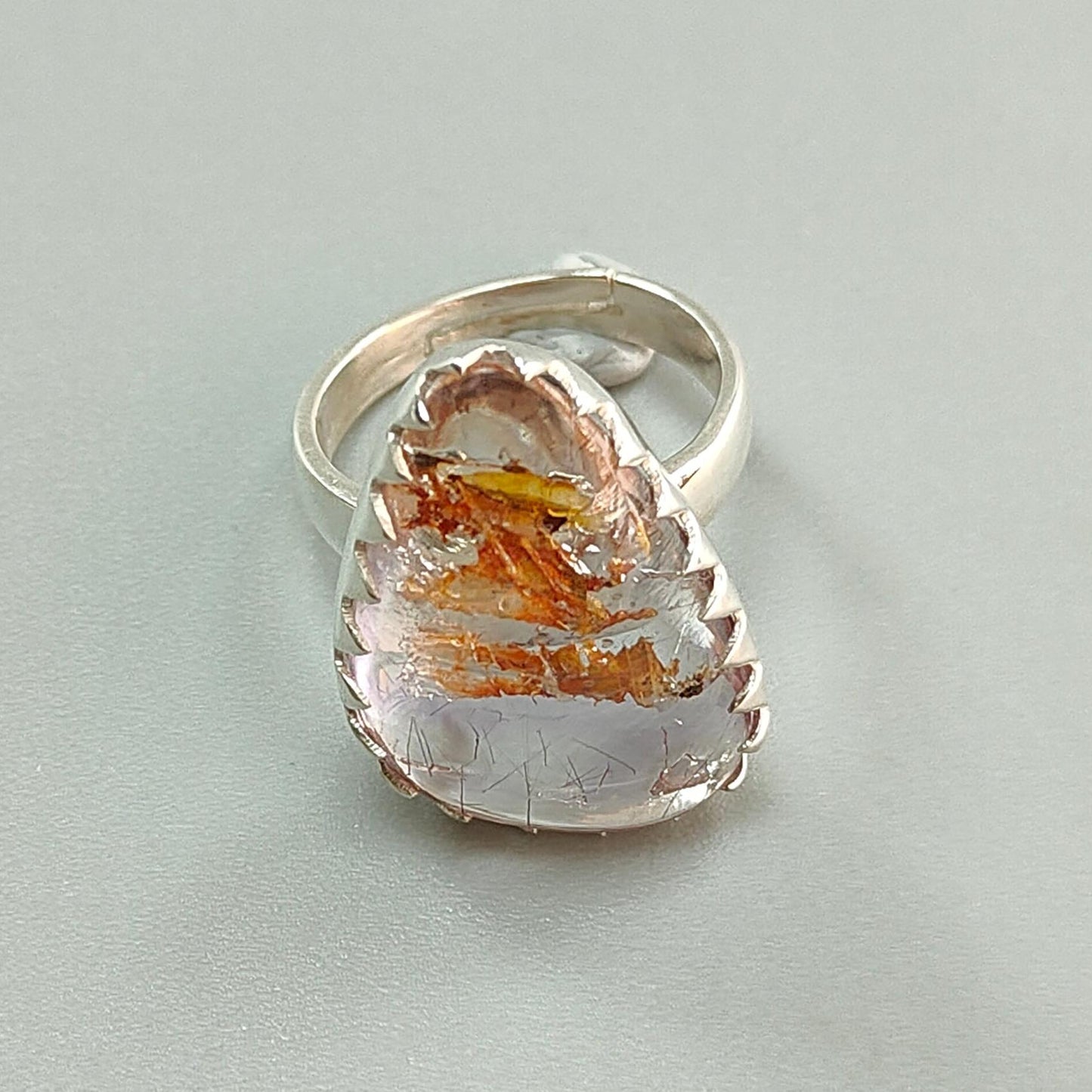 Amethyst Plain Silver Ring: 6.87gms Natural Untreated Super Seven Amethyst Fancy Shape Plain 925 Sterling Silver Bezel Set Adjustable Ring