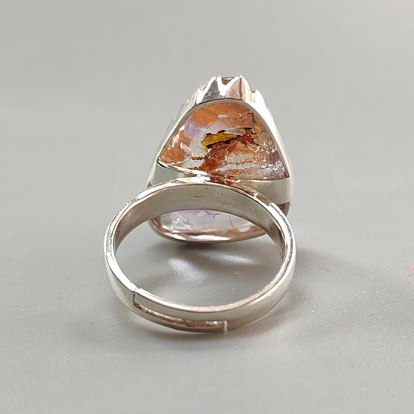 Amethyst Plain Silver Ring: 6.87gms Natural Untreated Super Seven Amethyst Fancy Shape Plain 925 Sterling Silver Bezel Set Adjustable Ring