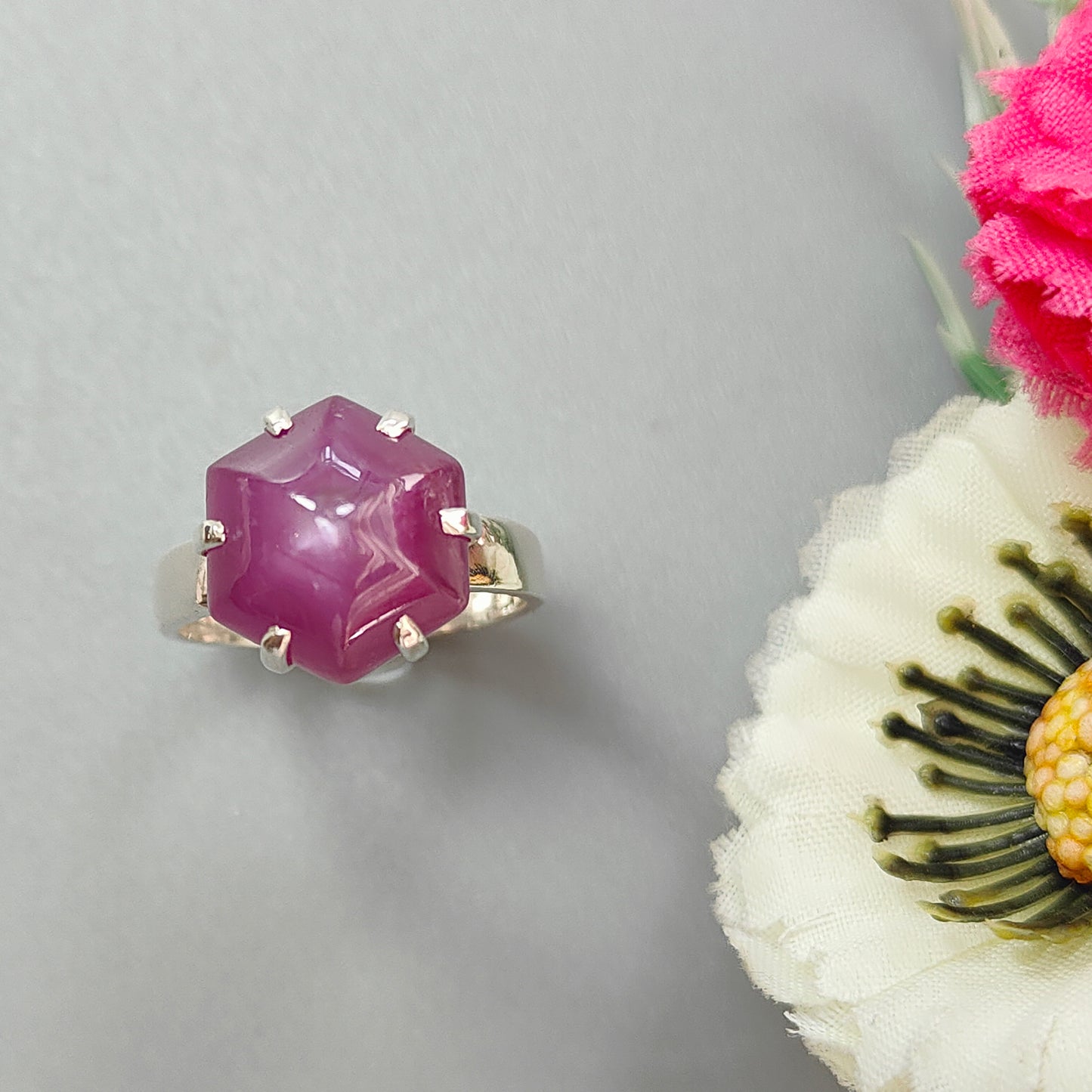 Ruby Cabochon Sugar Loaf Ring: 5.73gms Natural Untreated Sheen Ruby Cabochon 925 Sterling Silver Prong Set Adjustable Ring