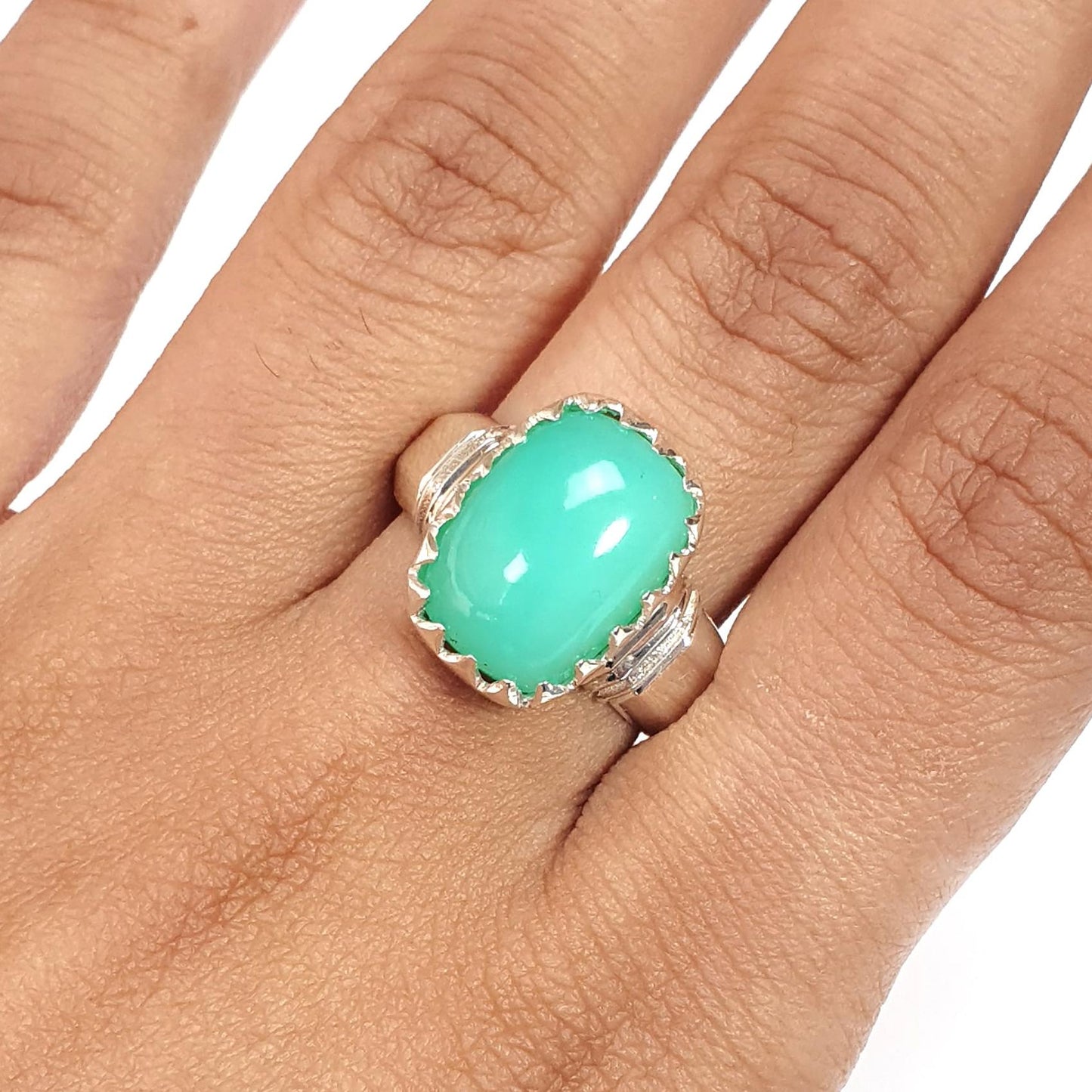 Green Chrysoprase Cabochon Silver Ring: 6.37gms Natural Untreated Chrysoprase Cushion Shape Plain 925 Sterling Silver Bezel Set Ring 7.5 US