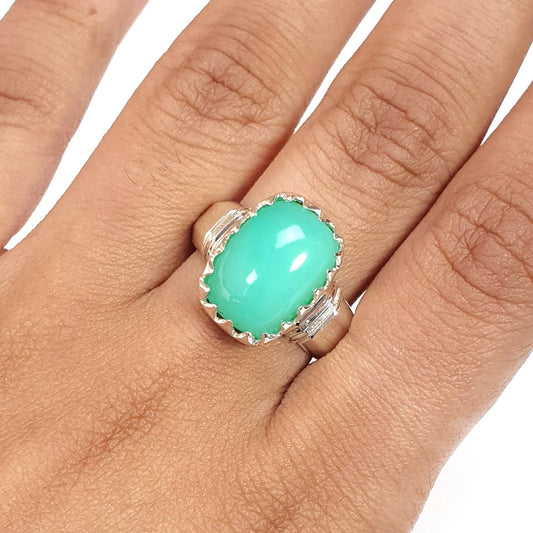 Green Chrysoprase Cabochon Silver Ring: 6.37gms Natural Untreated Chrysoprase Cushion Shape Plain 925 Sterling Silver Bezel Set Ring 7.5 US