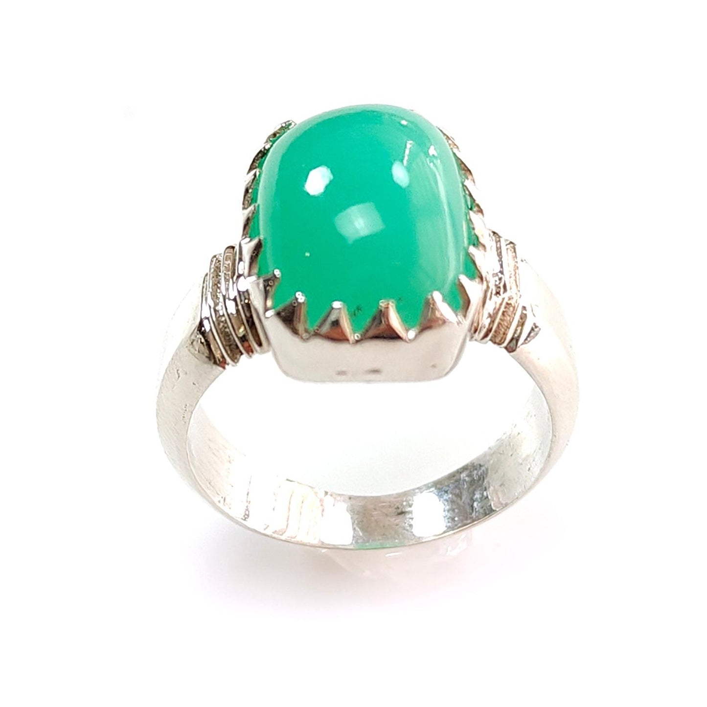 Green Chrysoprase Cabochon Silver Ring: 6.37gms Natural Untreated Chrysoprase Cushion Shape Plain 925 Sterling Silver Bezel Set Ring 7.5 US