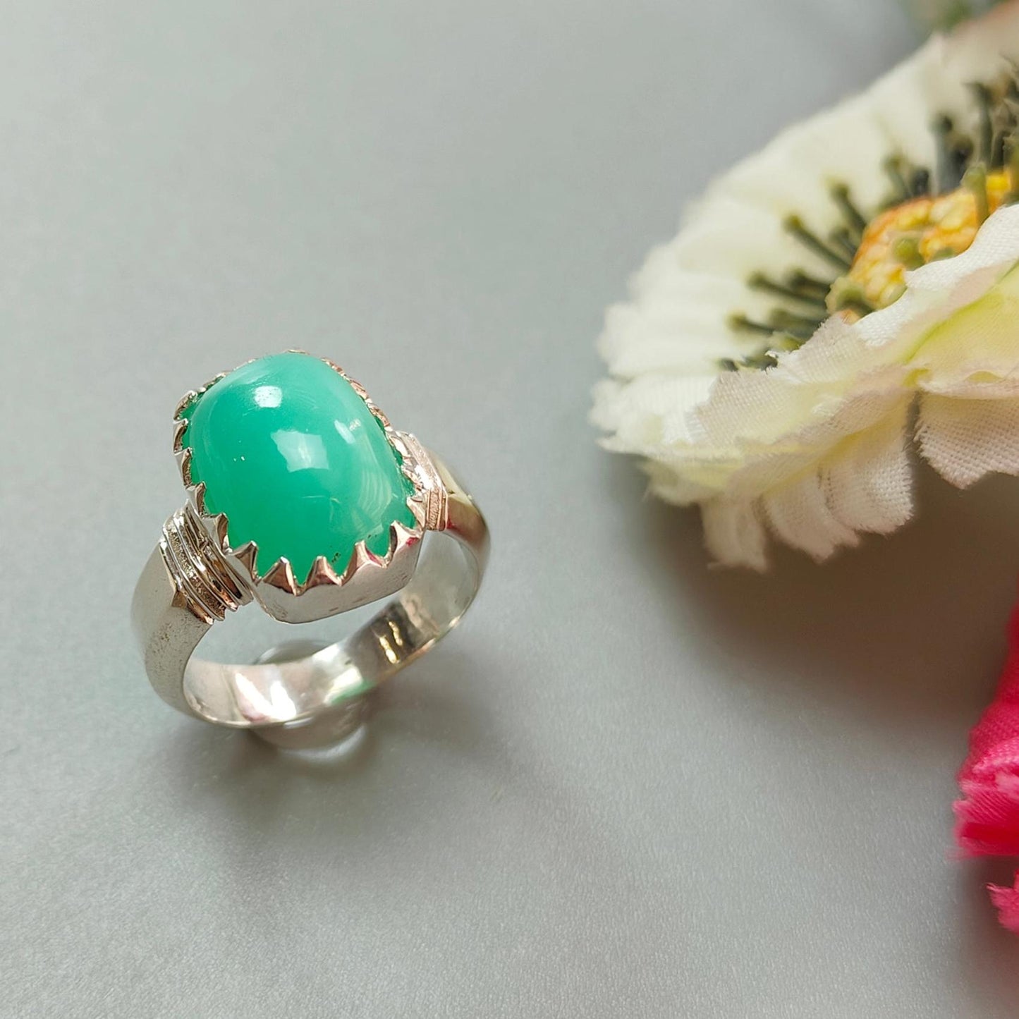 Green Chrysoprase Cabochon Silver Ring: 6.37gms Natural Untreated Chrysoprase Cushion Shape Plain 925 Sterling Silver Bezel Set Ring 7.5 US