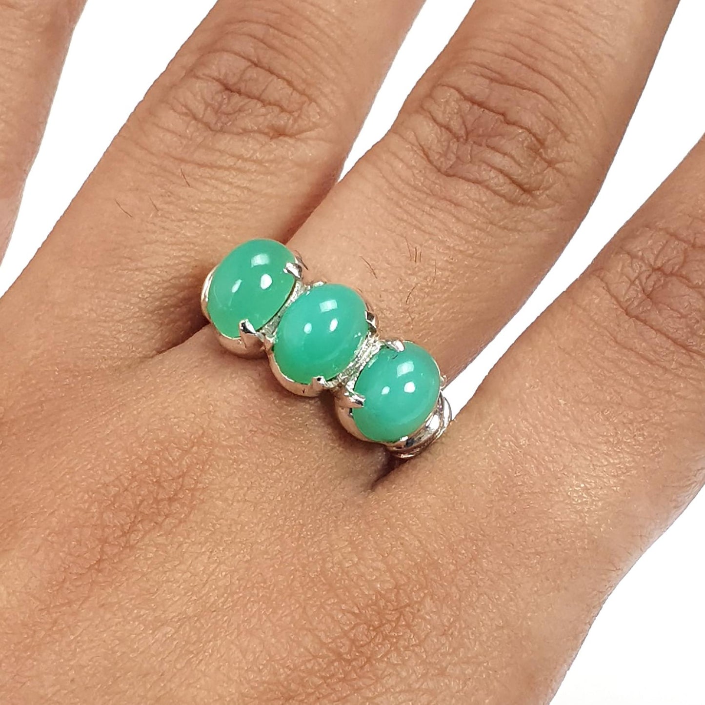 Green Chrysoprase Cabochon Silver Ring: 5.22gms Natural Untreated Chrysoprase Oval Shape Plain 925 Sterling Silver Prong Set Ring 8 US