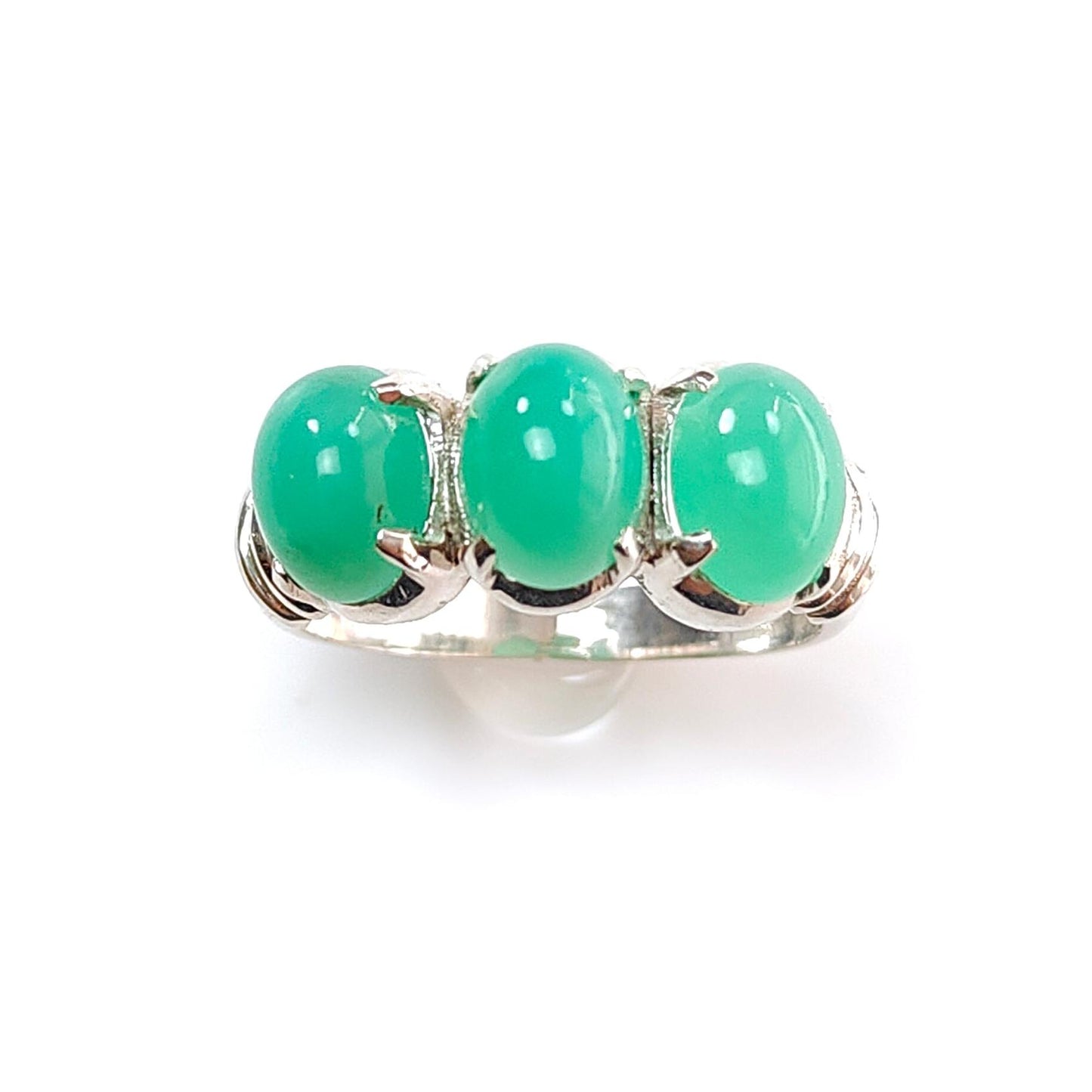Green Chrysoprase Cabochon Silver Ring: 5.22gms Natural Untreated Chrysoprase Oval Shape Plain 925 Sterling Silver Prong Set Ring 8 US