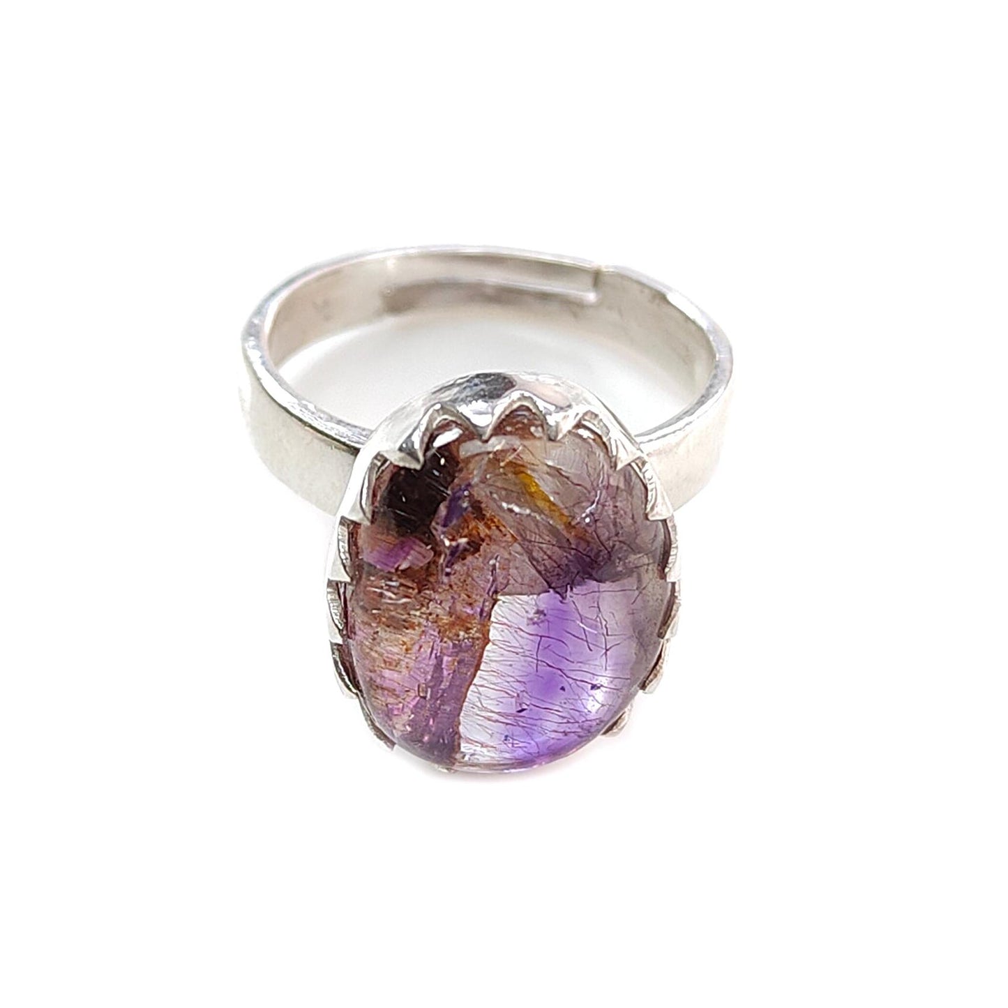 Amethyst Plain Silver Ring: 5.79gms Natural Untreated Super Seven Amethyst Oval Shape Plain 925 Sterling Silver Bezel Set Adjustable Ring