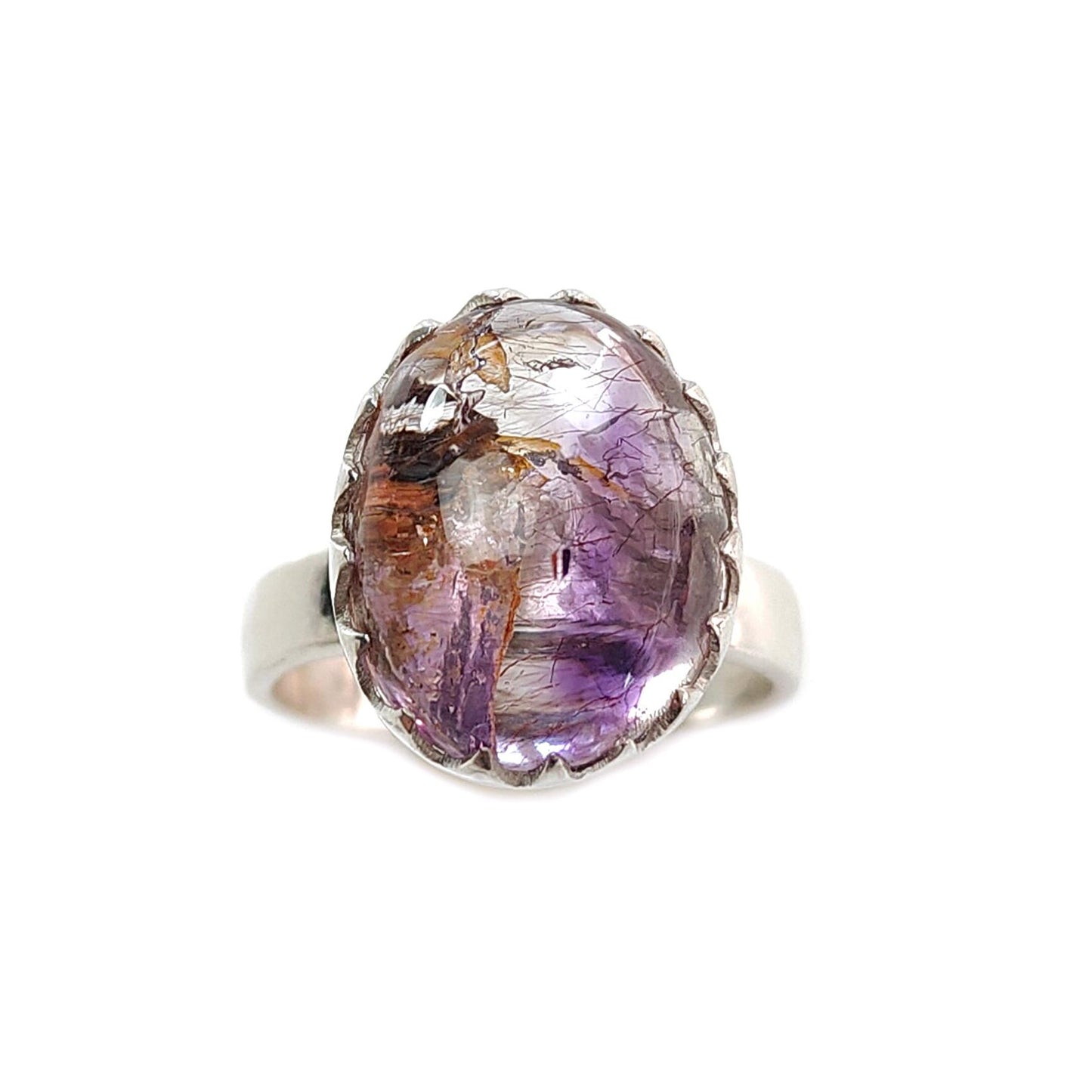 Amethyst Plain Silver Ring: 5.79gms Natural Untreated Super Seven Amethyst Oval Shape Plain 925 Sterling Silver Bezel Set Adjustable Ring