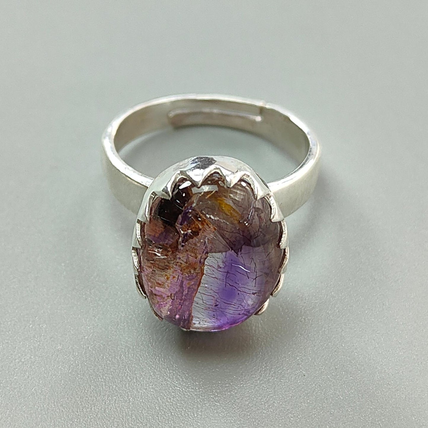 Amethyst Plain Silver Ring: 5.79gms Natural Untreated Super Seven Amethyst Oval Shape Plain 925 Sterling Silver Bezel Set Adjustable Ring