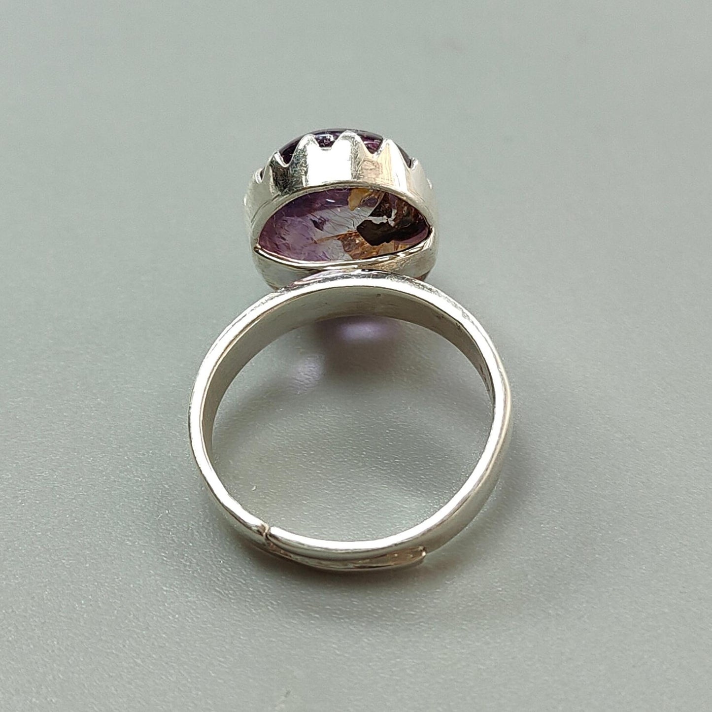 Amethyst Plain Silver Ring: 5.79gms Natural Untreated Super Seven Amethyst Oval Shape Plain 925 Sterling Silver Bezel Set Adjustable Ring