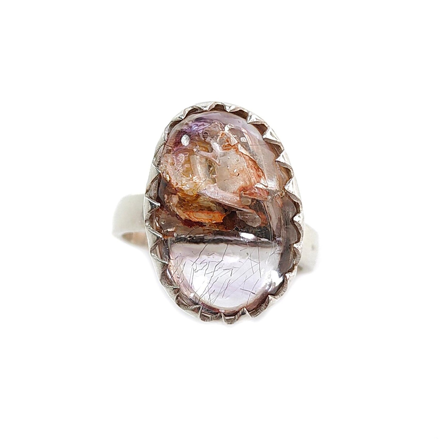 Amethyst Plain Silver Ring: 5.80gms Natural Untreated Super Seven Amethyst Fancy Shape Plain 925 Sterling Silver Bezel Set Adjustable Ring