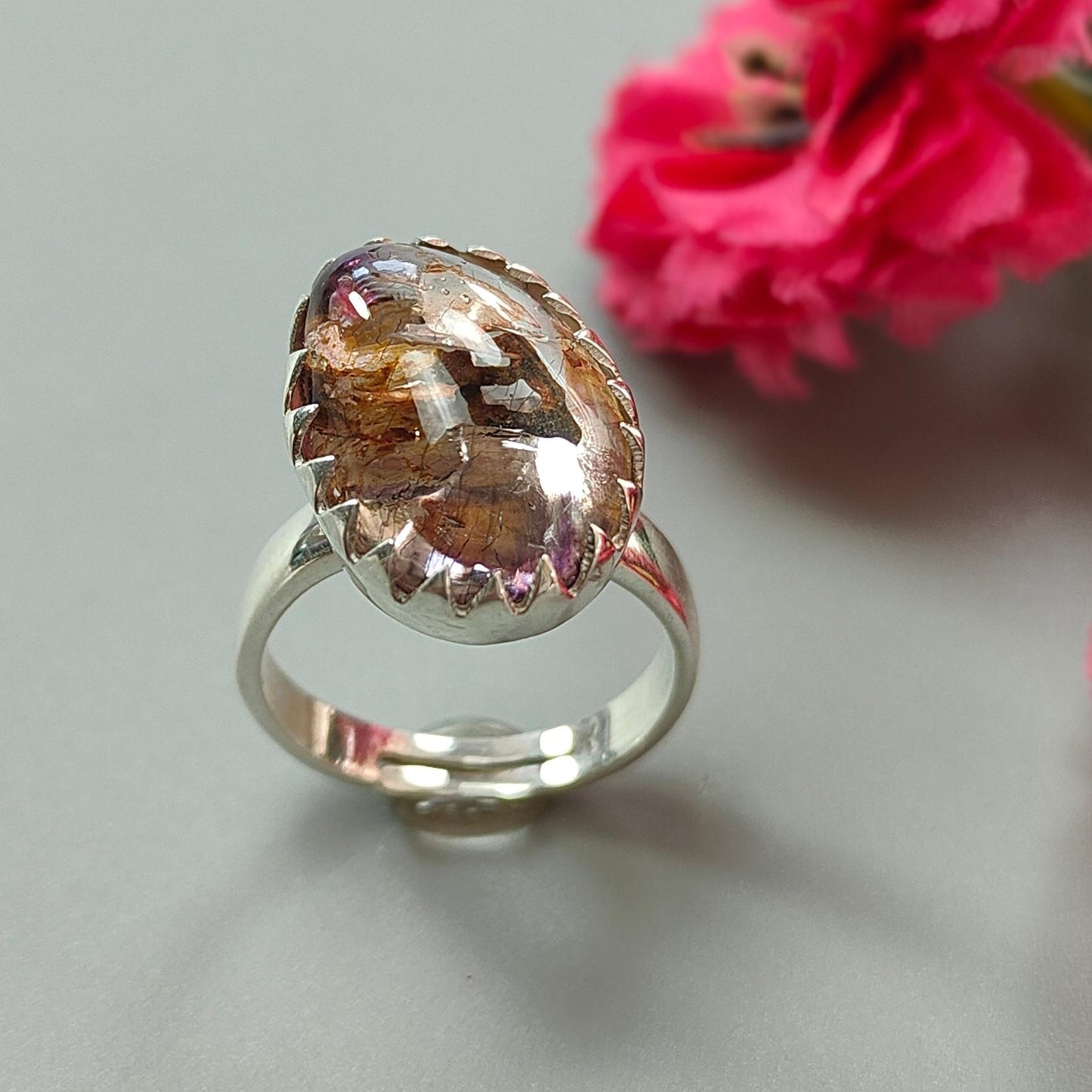 Amethyst Plain Silver Ring: 5.80gms Natural Untreated Super Seven Amethyst Fancy Shape Plain 925 Sterling Silver Bezel Set Adjustable Ring