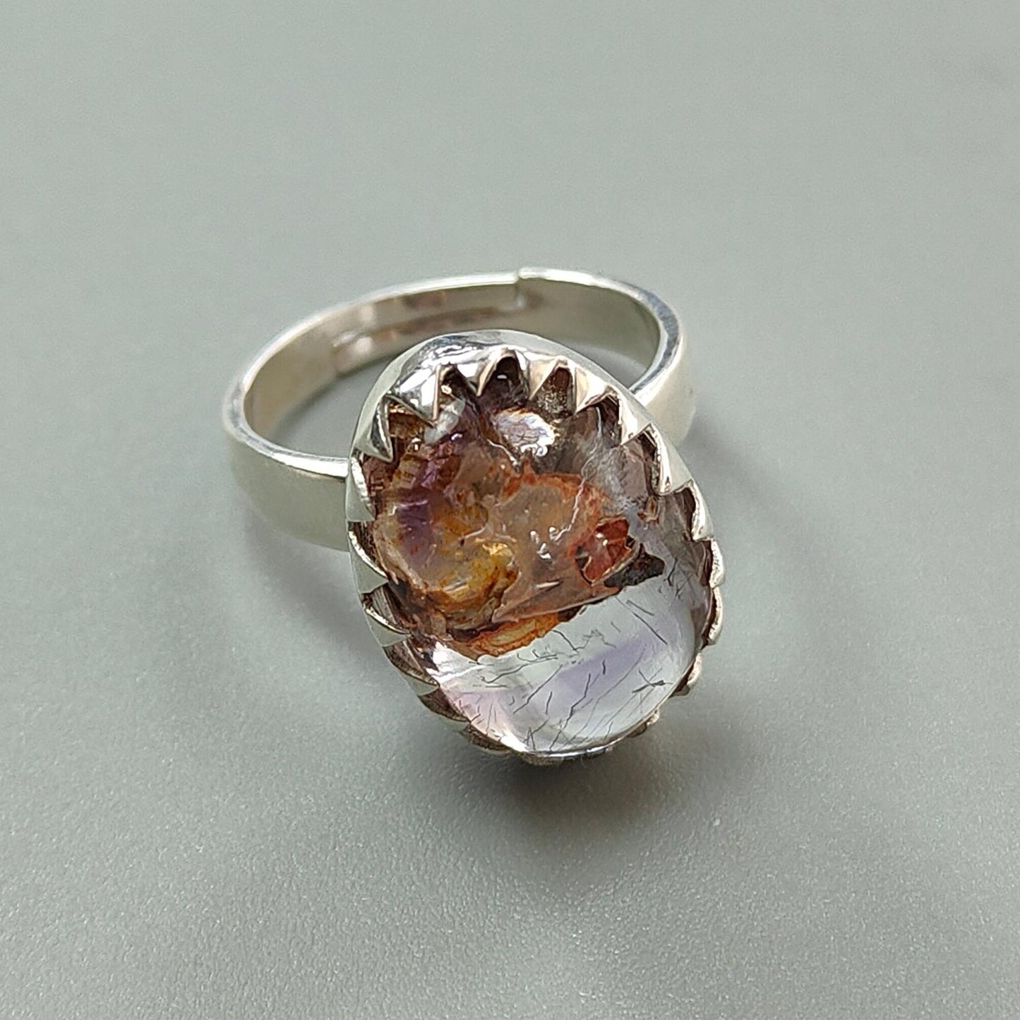 Amethyst Plain Silver Ring: 5.80gms Natural Untreated Super Seven Amethyst Fancy Shape Plain 925 Sterling Silver Bezel Set Adjustable Ring